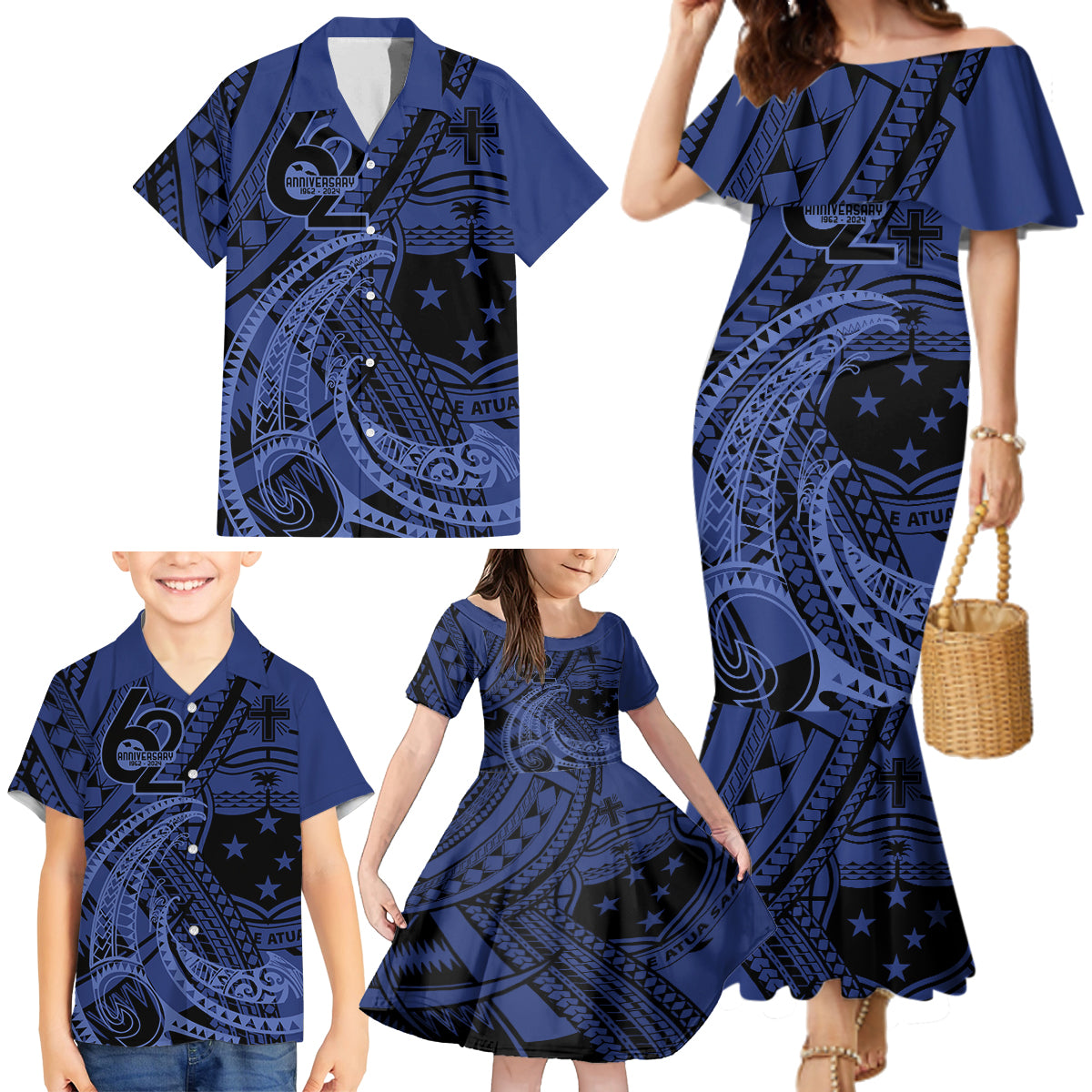 Custom Samoa 62nd Manuia le Aso Tuto'atasi Family Matching Mermaid Dress and Hawaiian Shirt Samoan Tatau Blue Art