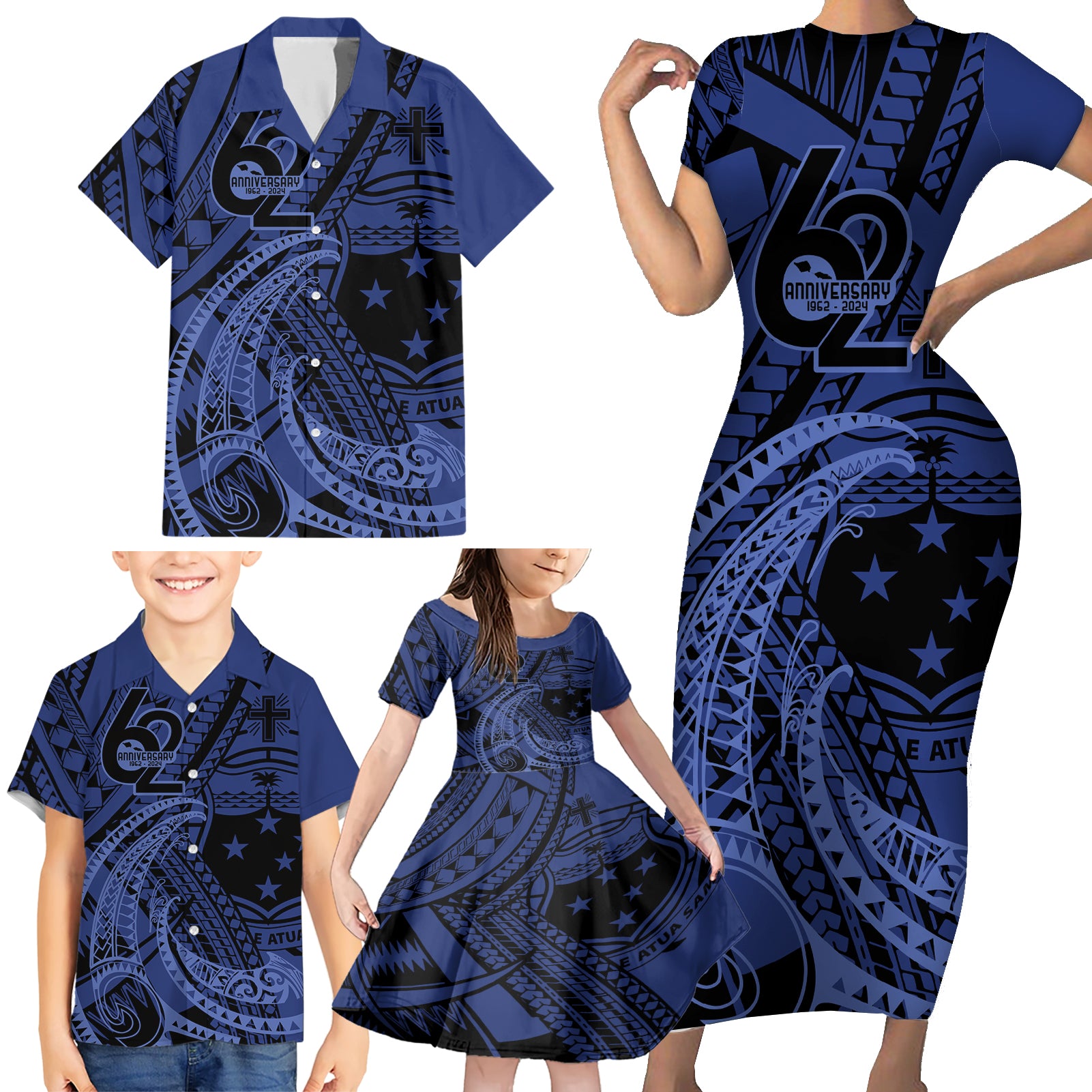 Custom Samoa 62nd Manuia le Aso Tuto'atasi Family Matching Short Sleeve Bodycon Dress and Hawaiian Shirt Samoan Tatau Blue Art