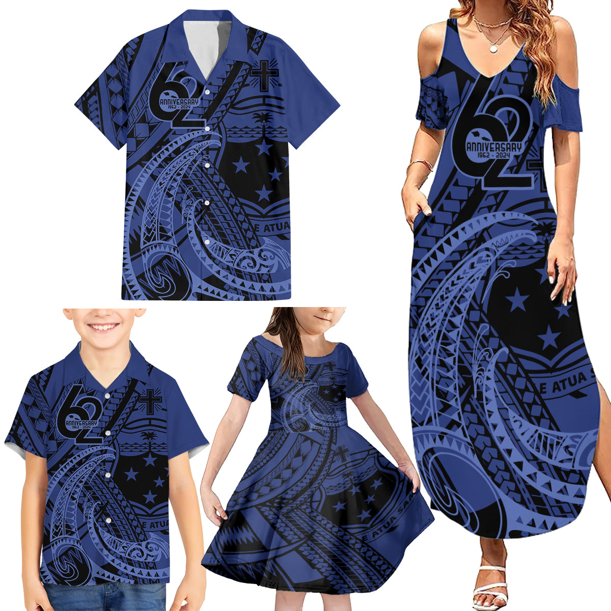 Custom Samoa 62nd Manuia le Aso Tuto'atasi Family Matching Summer Maxi Dress and Hawaiian Shirt Samoan Tatau Blue Art