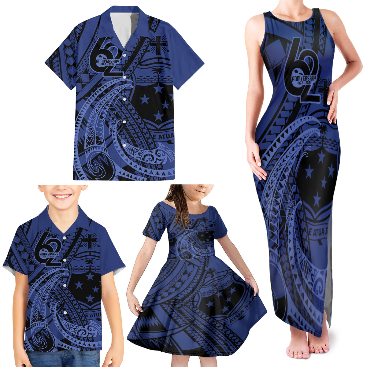 Custom Samoa 62nd Manuia le Aso Tuto'atasi Family Matching Tank Maxi Dress and Hawaiian Shirt Samoan Tatau Blue Art