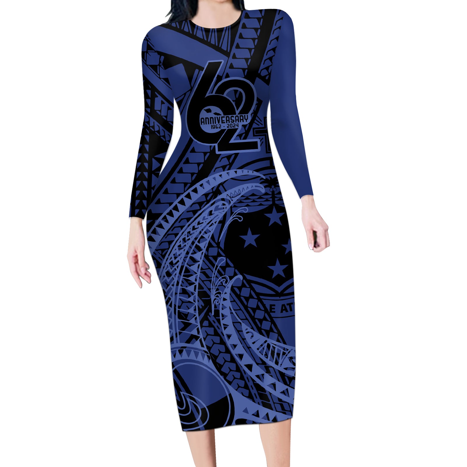 Custom Samoa 62nd Manuia le Aso Tuto'atasi Long Sleeve Bodycon Dress Samoan Tatau Blue Art