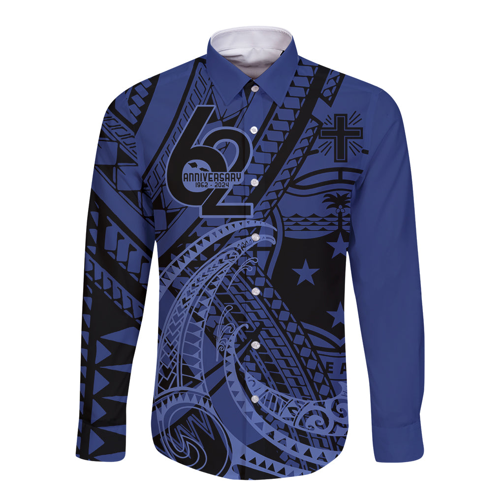 Custom Samoa 62nd Manuia le Aso Tuto'atasi Long Sleeve Button Shirt Samoan Tatau Blue Art