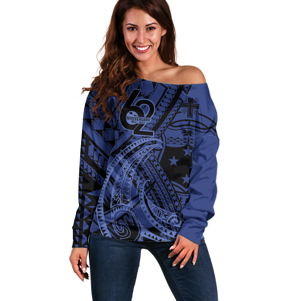 Custom Samoa 62nd Manuia le Aso Tuto'atasi Off Shoulder Sweater Samoan Tatau Blue Art