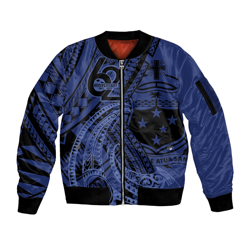 Custom Samoa 62nd Manuia le Aso Tuto'atasi Sleeve Zip Bomber Jacket Samoan Tatau Blue Art