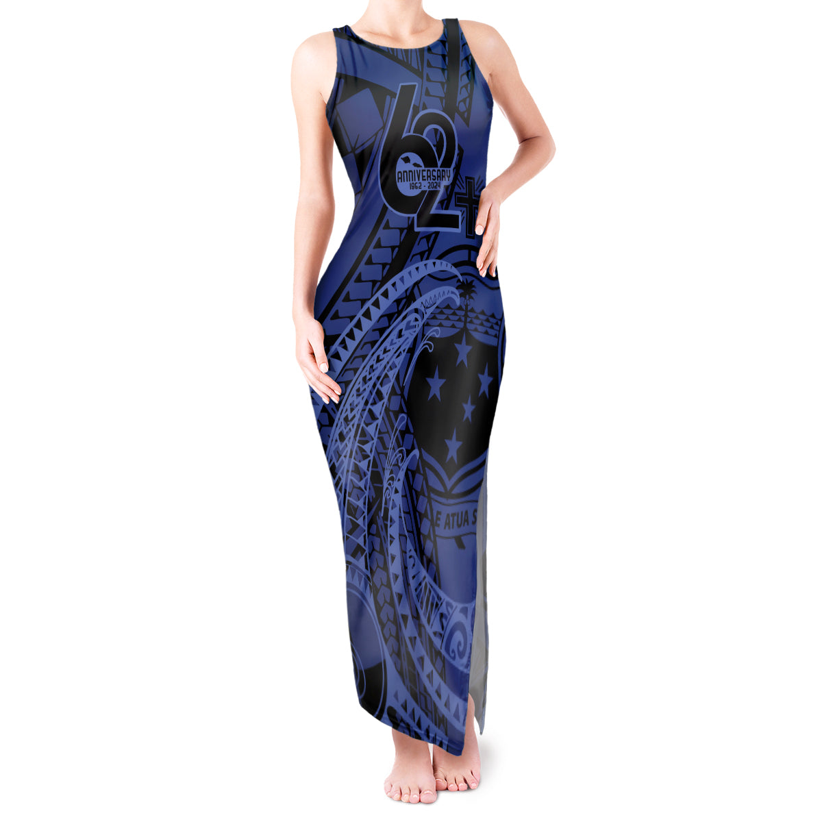 Custom Samoa 62nd Manuia le Aso Tuto'atasi Tank Maxi Dress Samoan Tatau Blue Art