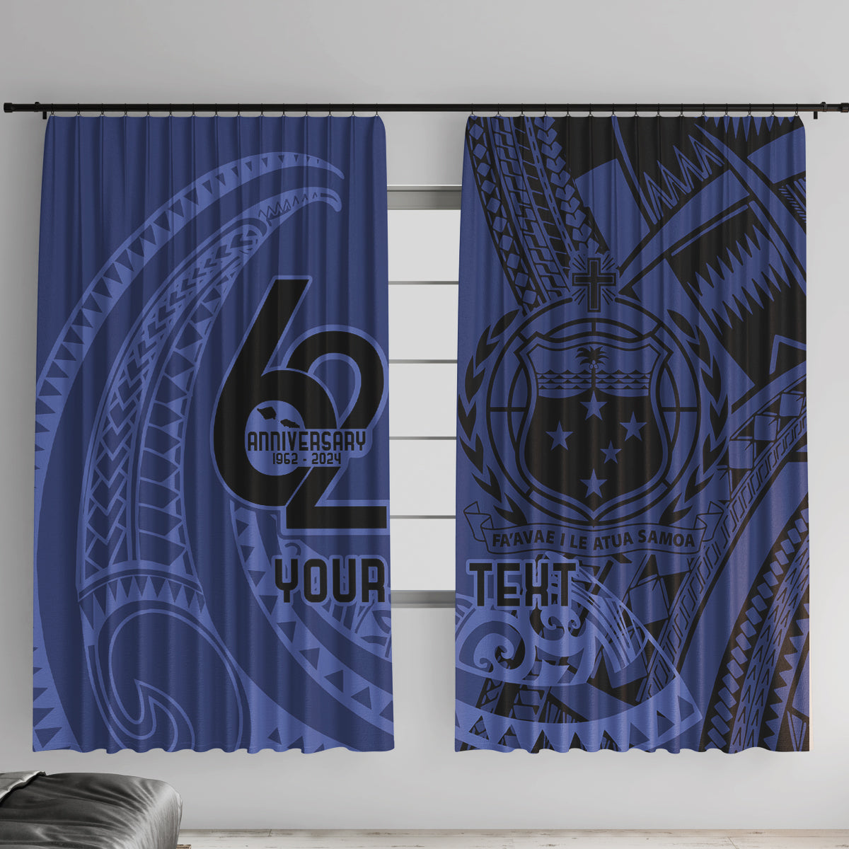 Custom Samoa 62nd Manuia le Aso Tuto'atasi Window Curtain Samoan Tatau Blue Art