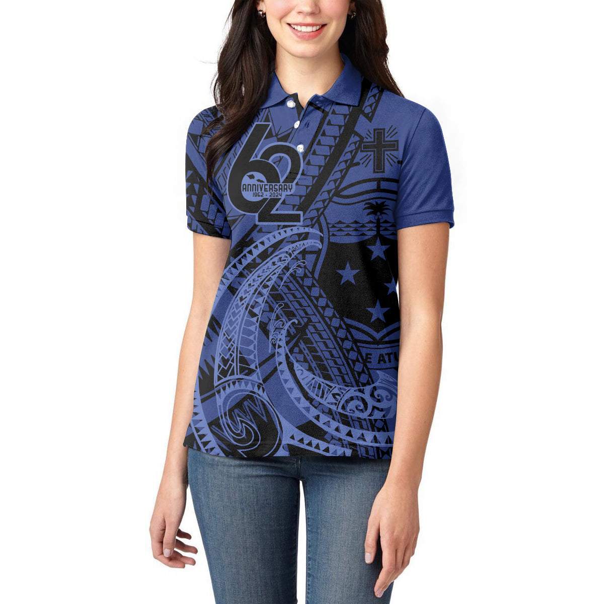 Custom Samoa 62nd Manuia le Aso Tuto'atasi Women Polo Shirt Samoan Tatau Blue Art