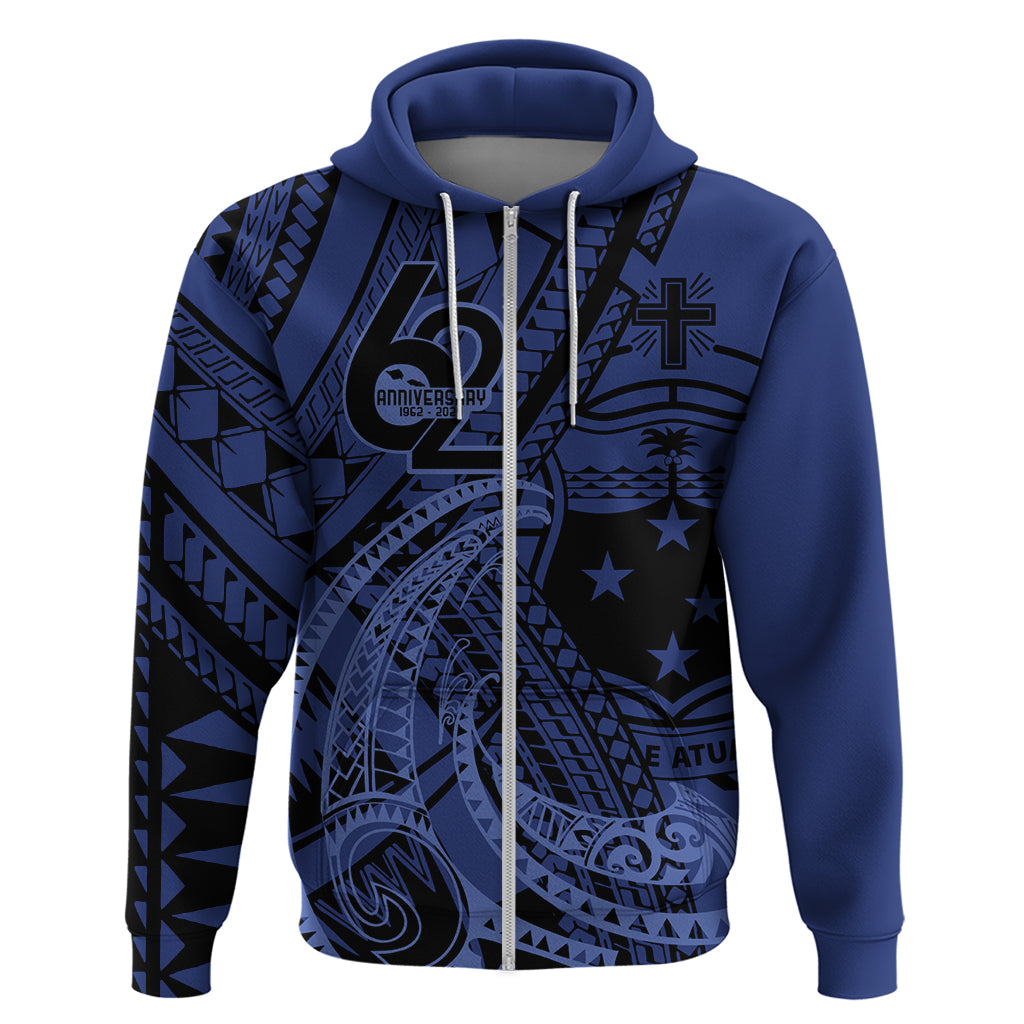 Custom Samoa 62nd Manuia le Aso Tuto'atasi Zip Hoodie Samoan Tatau Blue Art