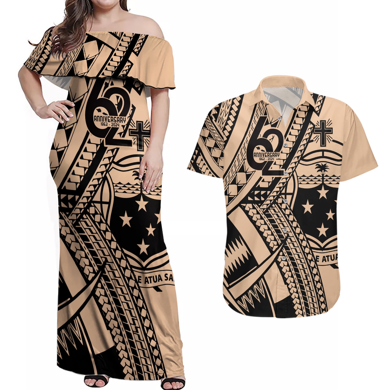 Custom Samoa Manuia le 62 Tausaga O le Tuto’atasi Couples Matching Off Shoulder Maxi Dress and Hawaiian Shirt Samoan Tatau Beige Art