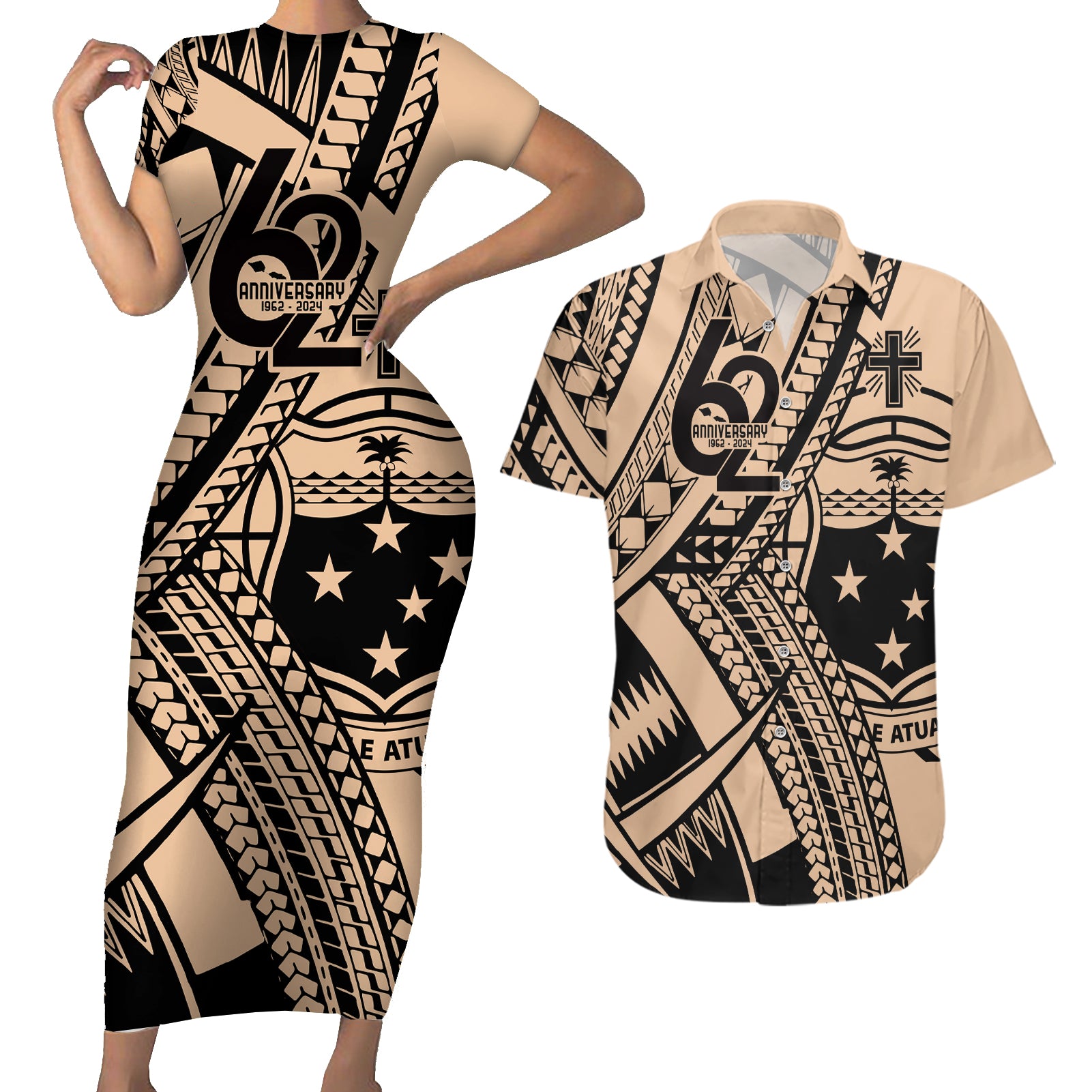 Custom Samoa Manuia le 62 Tausaga O le Tuto’atasi Couples Matching Short Sleeve Bodycon Dress and Hawaiian Shirt Samoan Tatau Beige Art