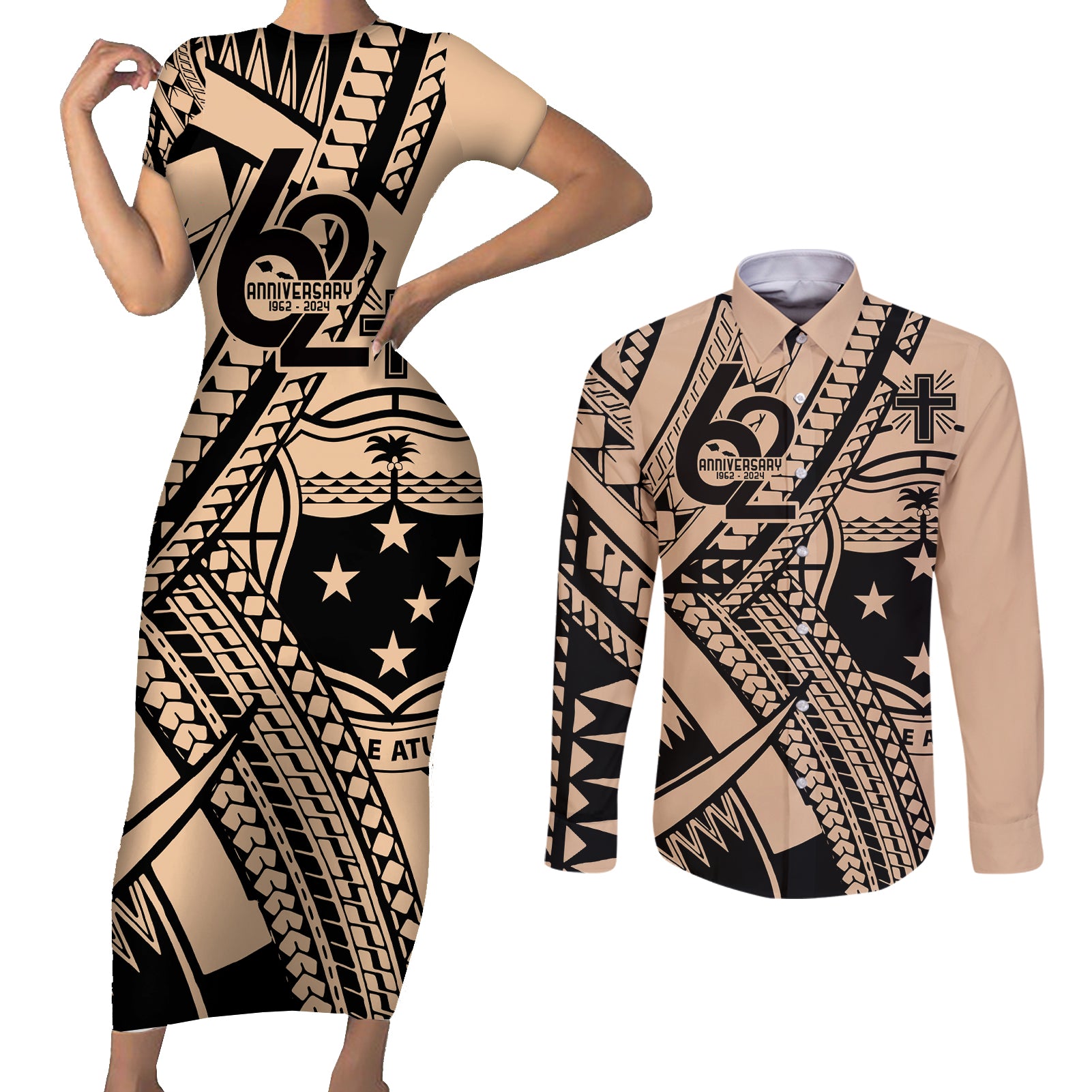 Custom Samoa Manuia le 62 Tausaga O le Tuto’atasi Couples Matching Short Sleeve Bodycon Dress and Long Sleeve Button Shirt Samoan Tatau Beige Art