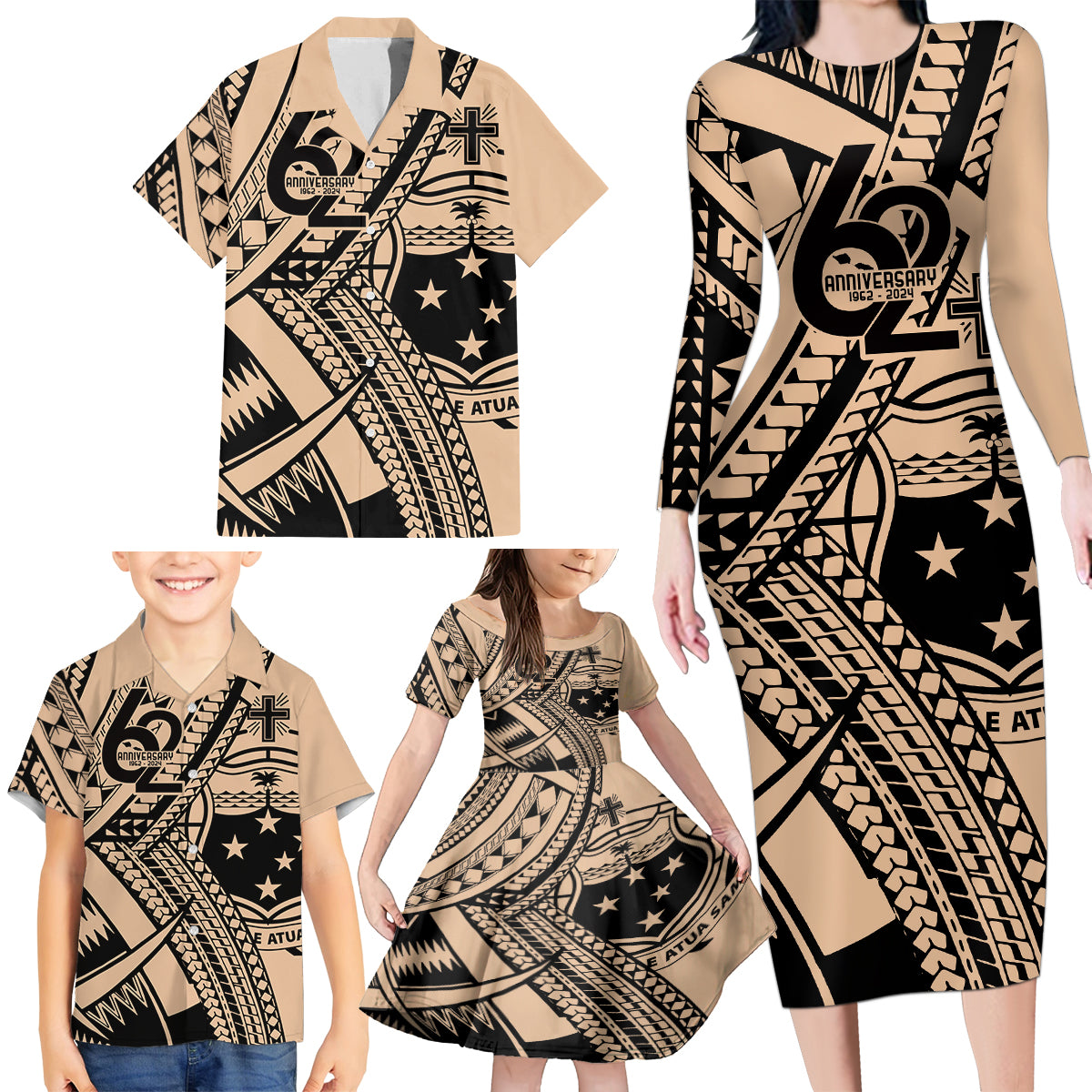 Custom Samoa Manuia le 62 Tausaga O le Tuto’atasi Family Matching Long Sleeve Bodycon Dress and Hawaiian Shirt Samoan Tatau Beige Art