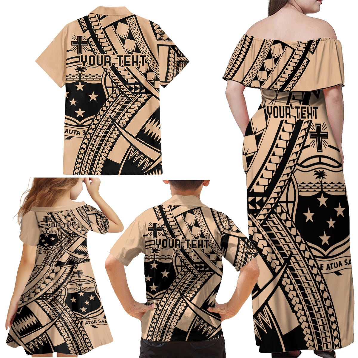 Custom Samoa Manuia le 62 Tausaga O le Tuto’atasi Family Matching Off Shoulder Maxi Dress and Hawaiian Shirt Samoan Tatau Beige Art