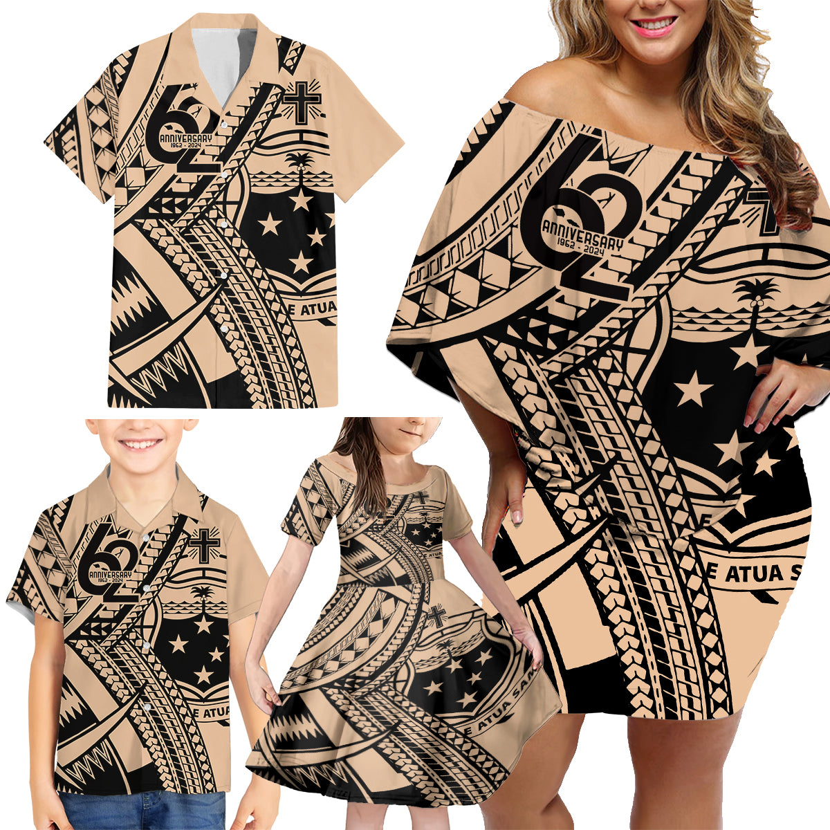 Custom Samoa Manuia le 62 Tausaga O le Tuto’atasi Family Matching Off Shoulder Short Dress and Hawaiian Shirt Samoan Tatau Beige Art