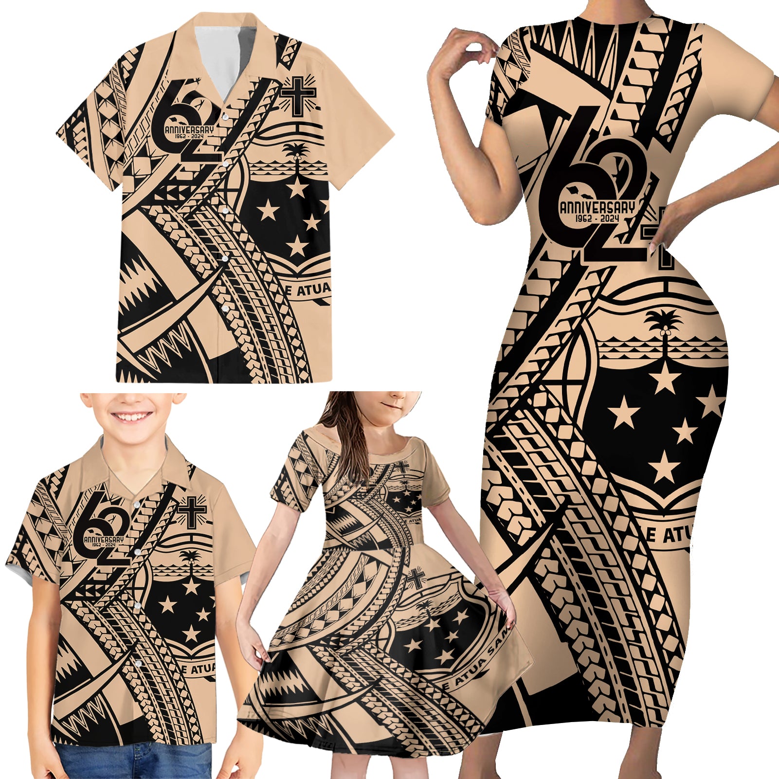 Custom Samoa Manuia le 62 Tausaga O le Tuto’atasi Family Matching Short Sleeve Bodycon Dress and Hawaiian Shirt Samoan Tatau Beige Art