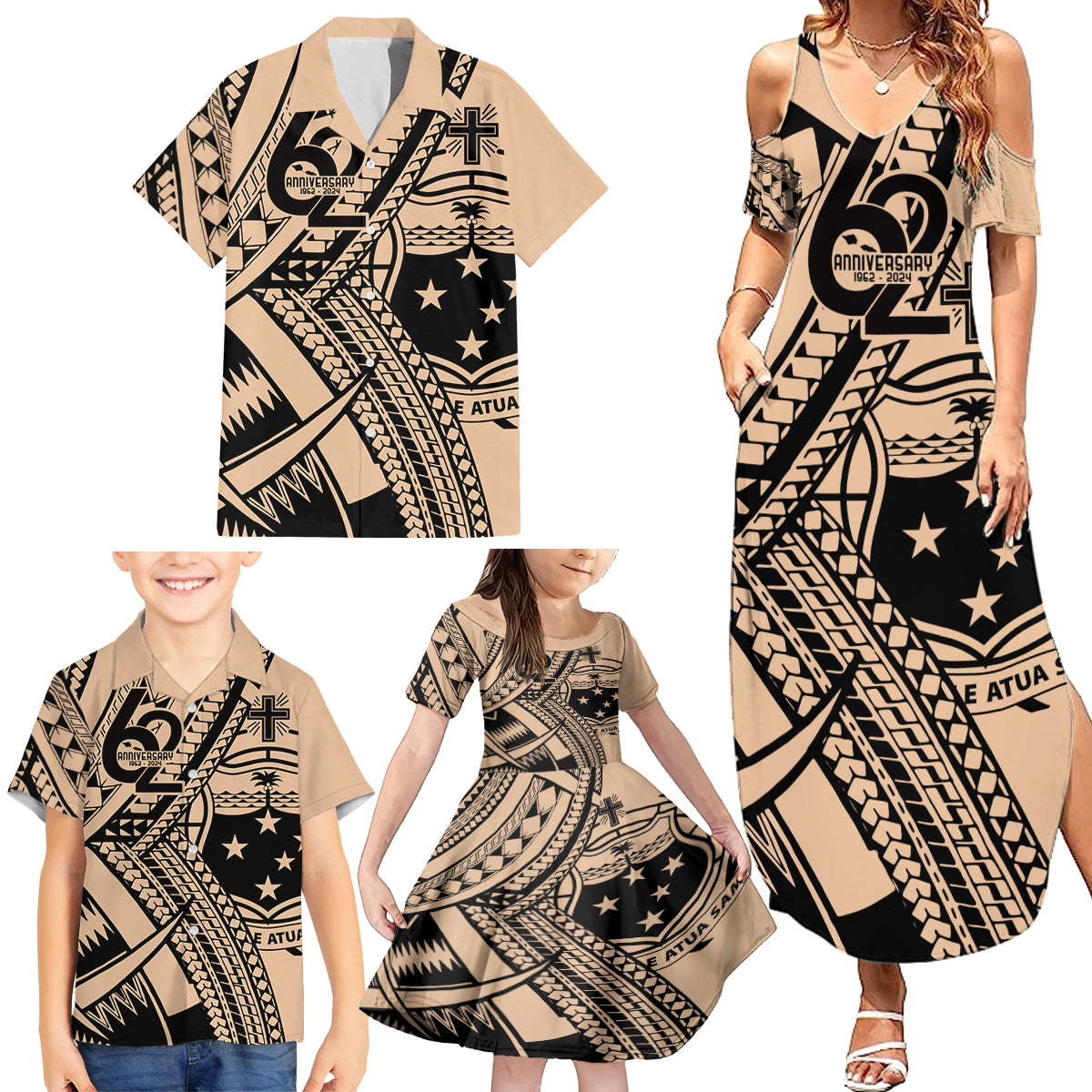 Custom Samoa Manuia le 62 Tausaga O le Tuto’atasi Family Matching Summer Maxi Dress and Hawaiian Shirt Samoan Tatau Beige Art