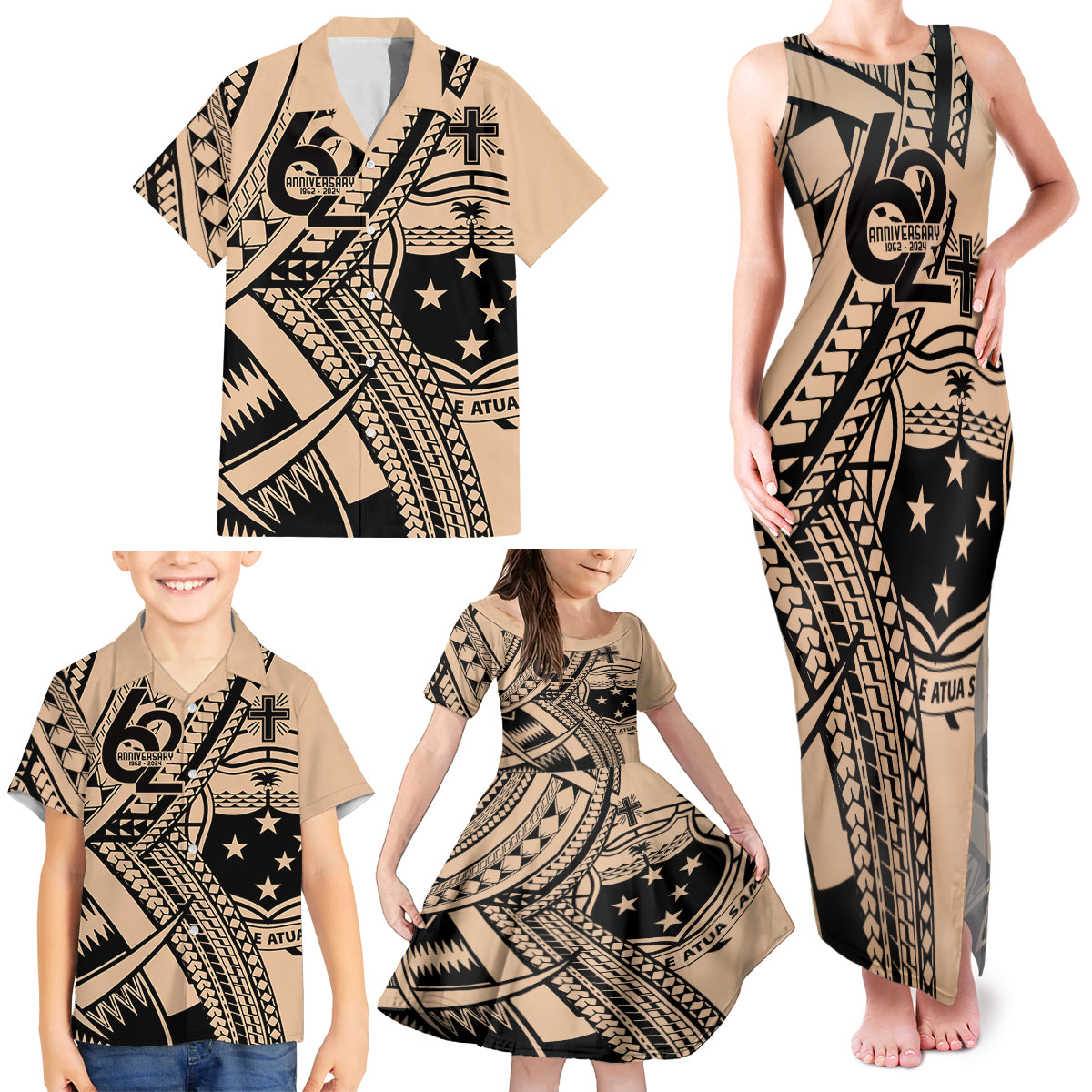 Custom Samoa Manuia le 62 Tausaga O le Tuto’atasi Family Matching Tank Maxi Dress and Hawaiian Shirt Samoan Tatau Beige Art