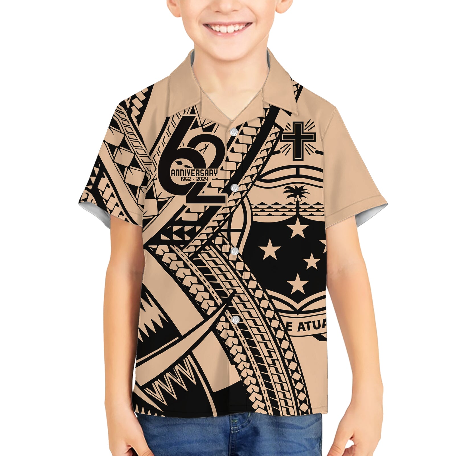 Custom Samoa Manuia le 62 Tausaga O le Tuto’atasi Kid Hawaiian Shirt Samoan Tatau Beige Art