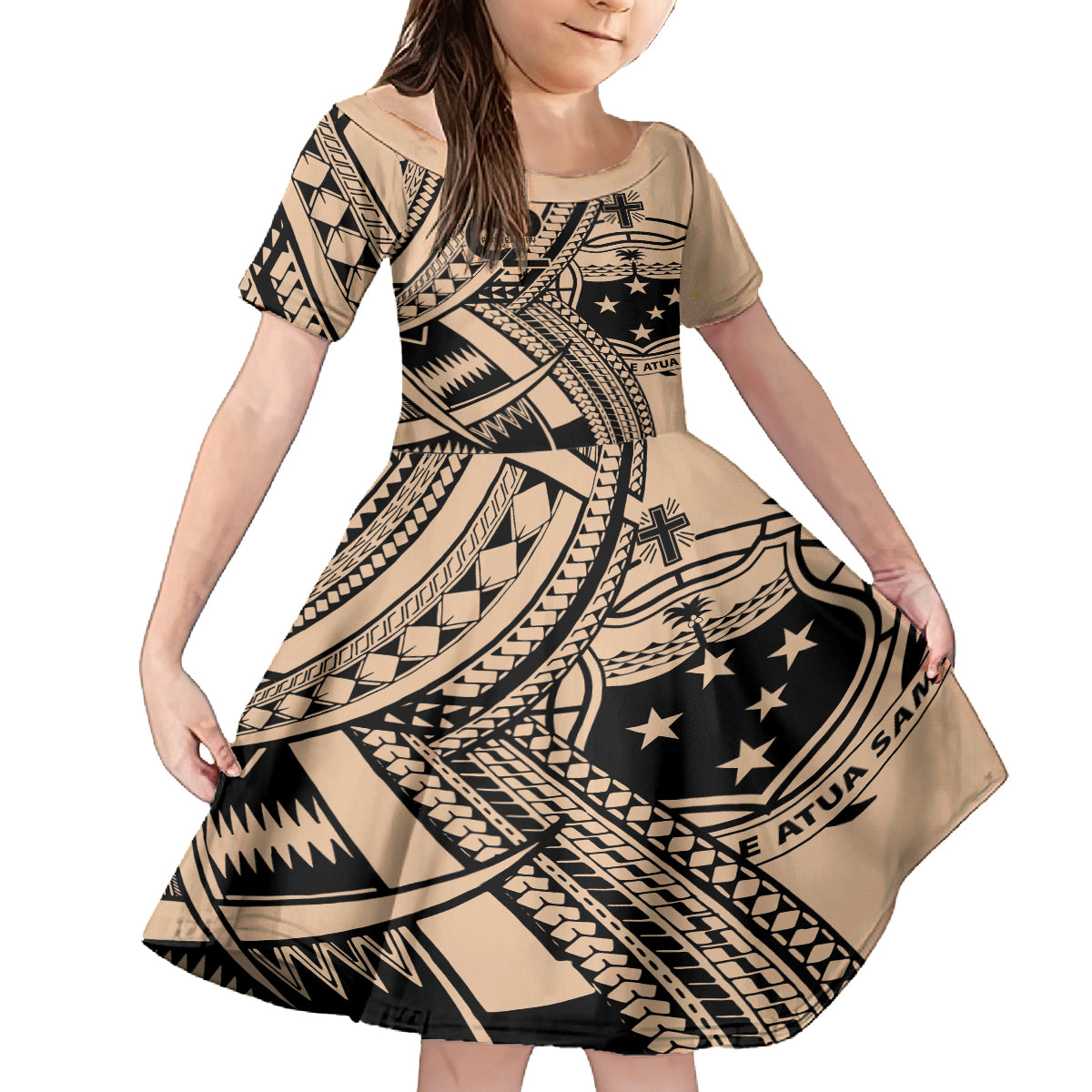 Custom Samoa Manuia le 62 Tausaga O le Tuto’atasi Kid Short Sleeve Dress Samoan Tatau Beige Art