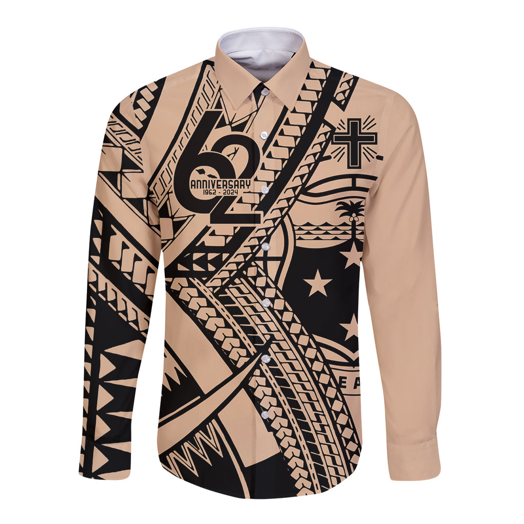 Custom Samoa Manuia le 62 Tausaga O le Tuto’atasi Long Sleeve Button Shirt Samoan Tatau Beige Art