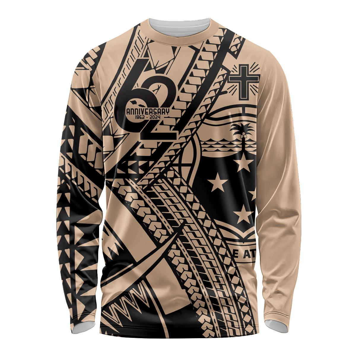 Custom Samoa Manuia le 62 Tausaga O le Tuto’atasi Long Sleeve Shirt Samoan Tatau Beige Art