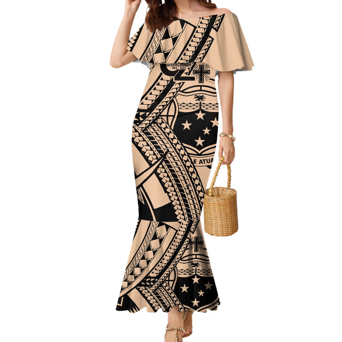 Custom Samoa Manuia le 62 Tausaga O le Tuto’atasi Mermaid Dress Samoan Tatau Beige Art