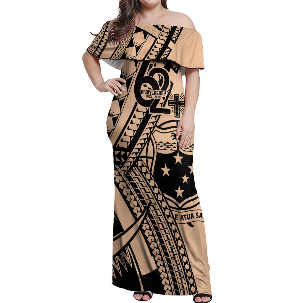 Custom Samoa Manuia le 62 Tausaga O le Tuto’atasi Off Shoulder Maxi Dress Samoan Tatau Beige Art