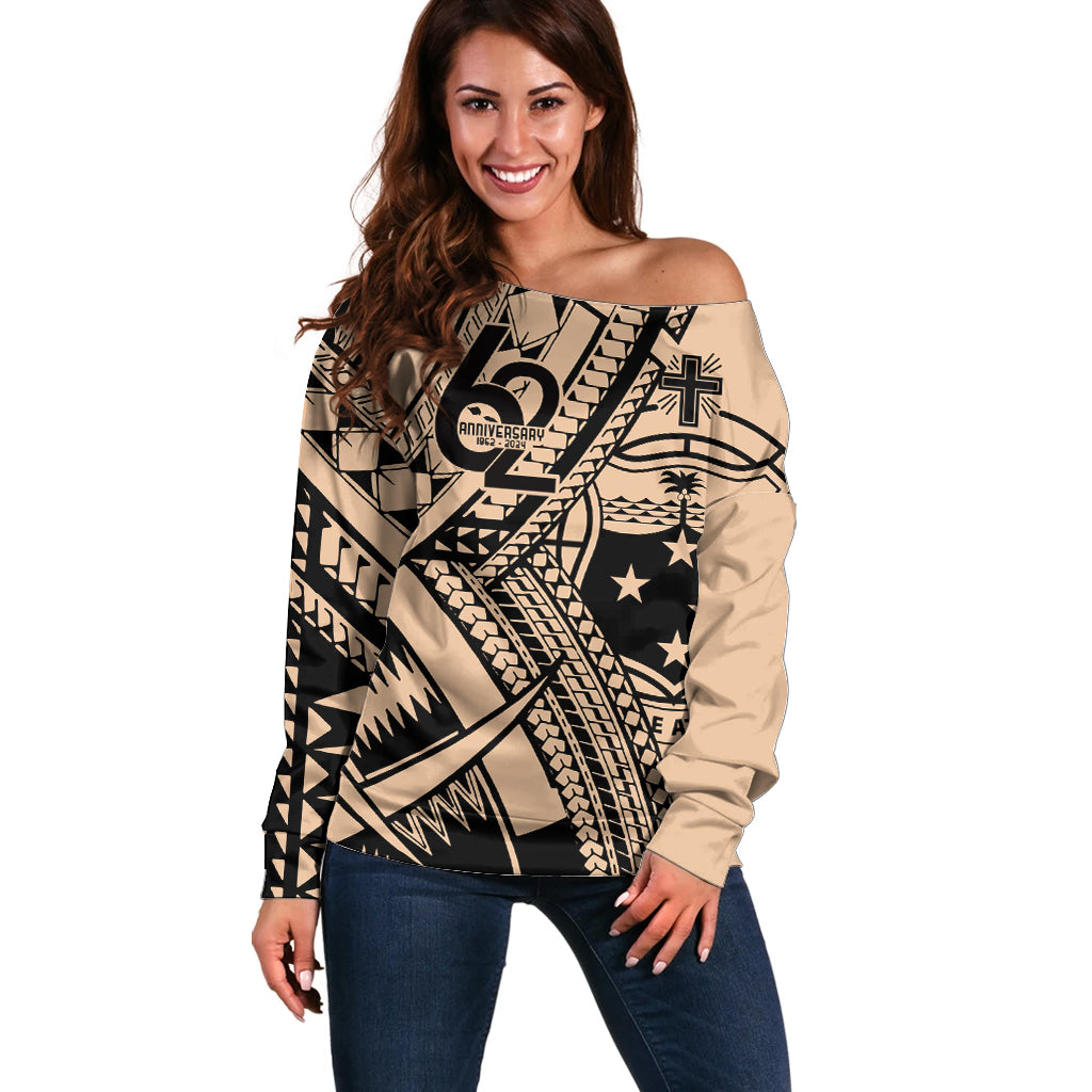 Custom Samoa Manuia le 62 Tausaga O le Tuto’atasi Off Shoulder Sweater Samoan Tatau Beige Art