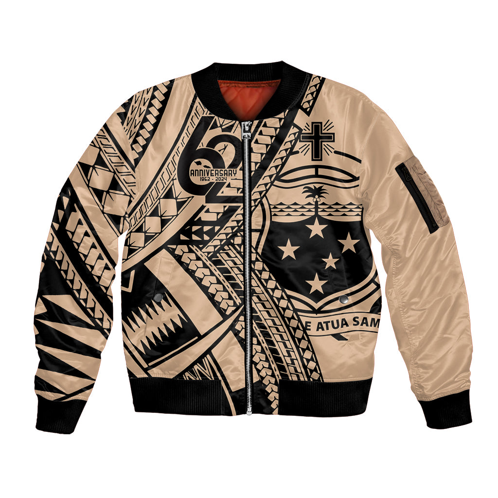 Custom Samoa Manuia le 62 Tausaga O le Tuto’atasi Sleeve Zip Bomber Jacket Samoan Tatau Beige Art