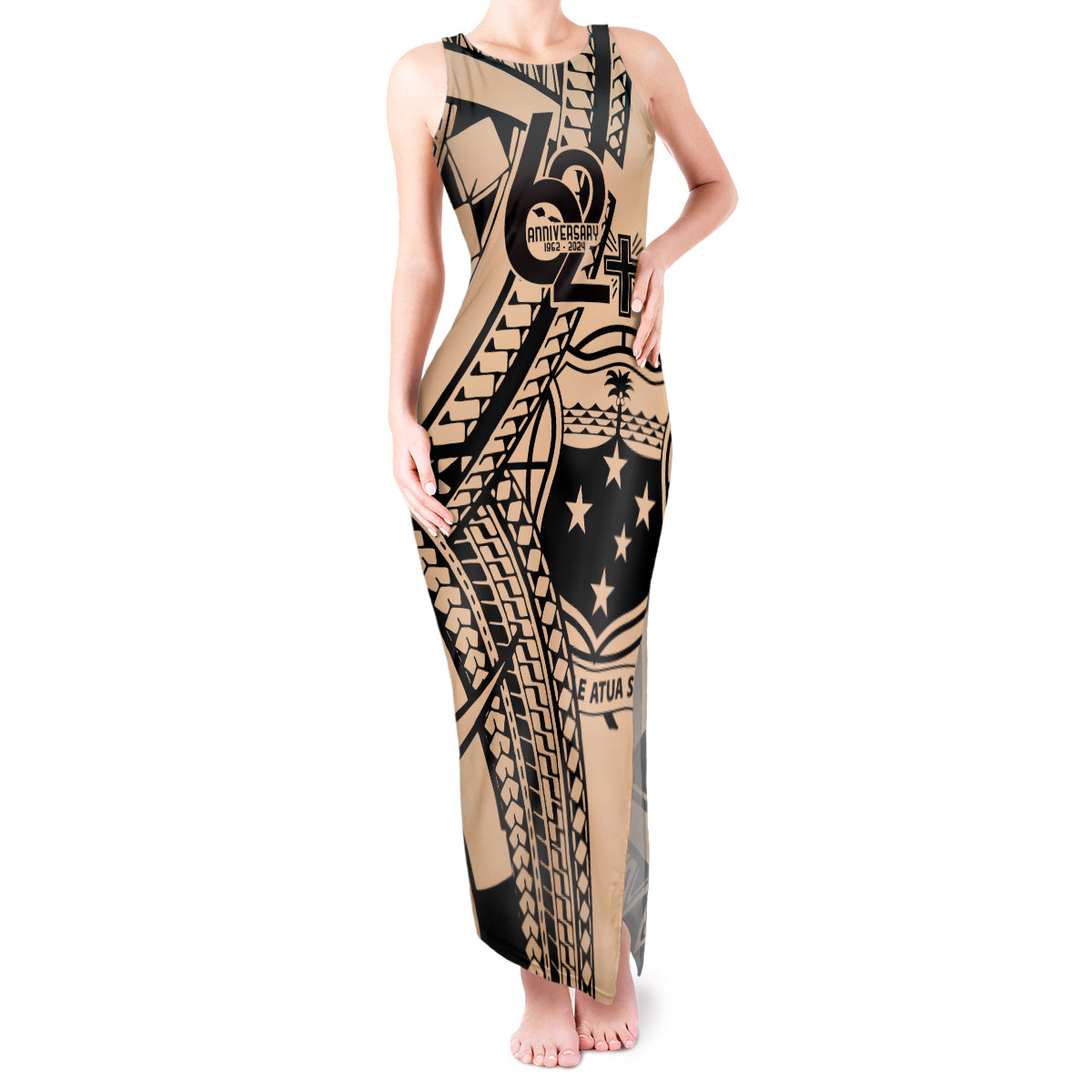 Custom Samoa Manuia le 62 Tausaga O le Tuto’atasi Tank Maxi Dress Samoan Tatau Beige Art