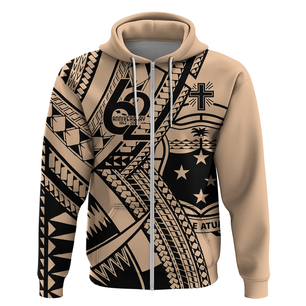 Custom Samoa Manuia le 62 Tausaga O le Tuto’atasi Zip Hoodie Samoan Tatau Beige Art