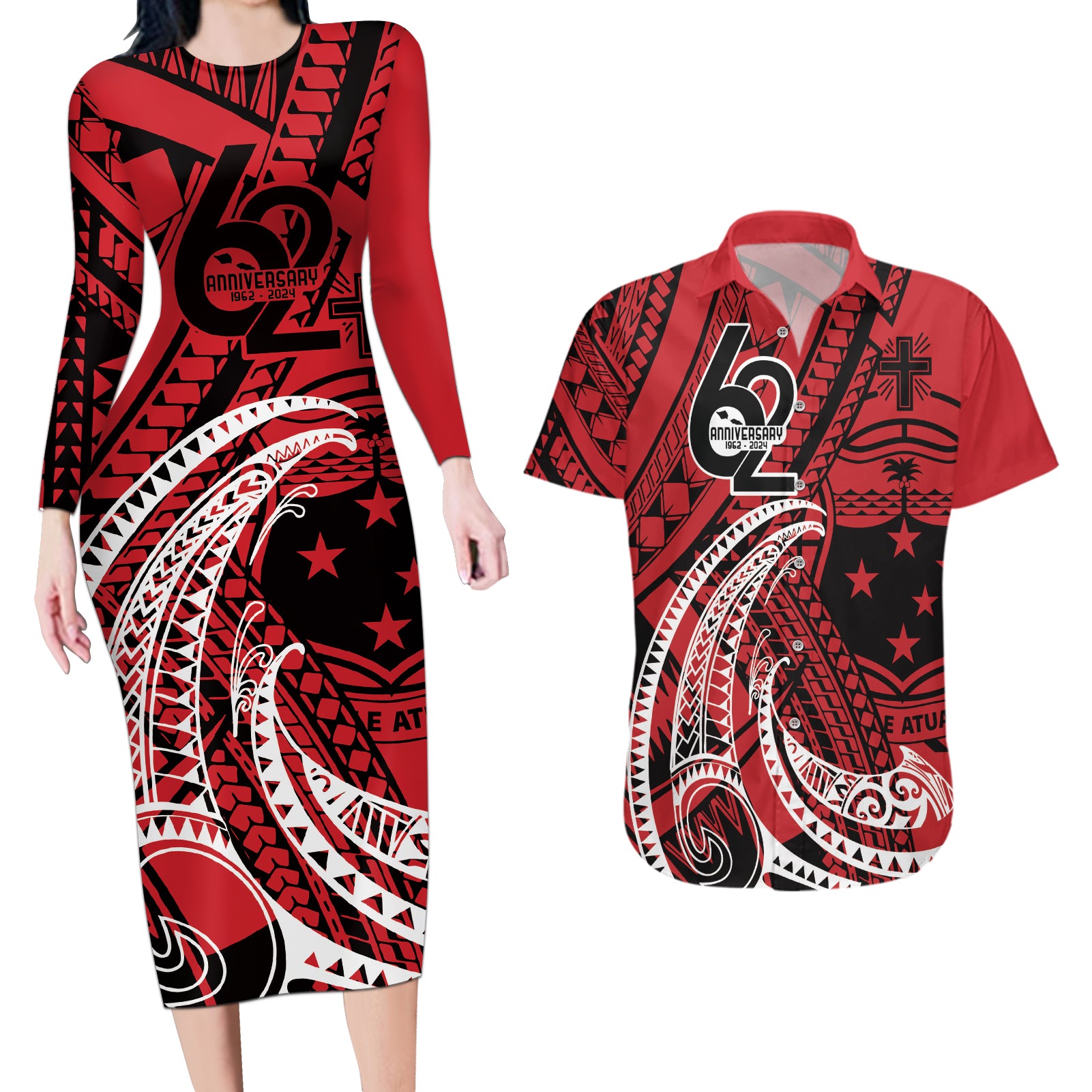 Custom Samoa Manuia le 62 Tausaga O le Tuto’atasi Couples Matching Long Sleeve Bodycon Dress and Hawaiian Shirt Samoan Tatau Red Art