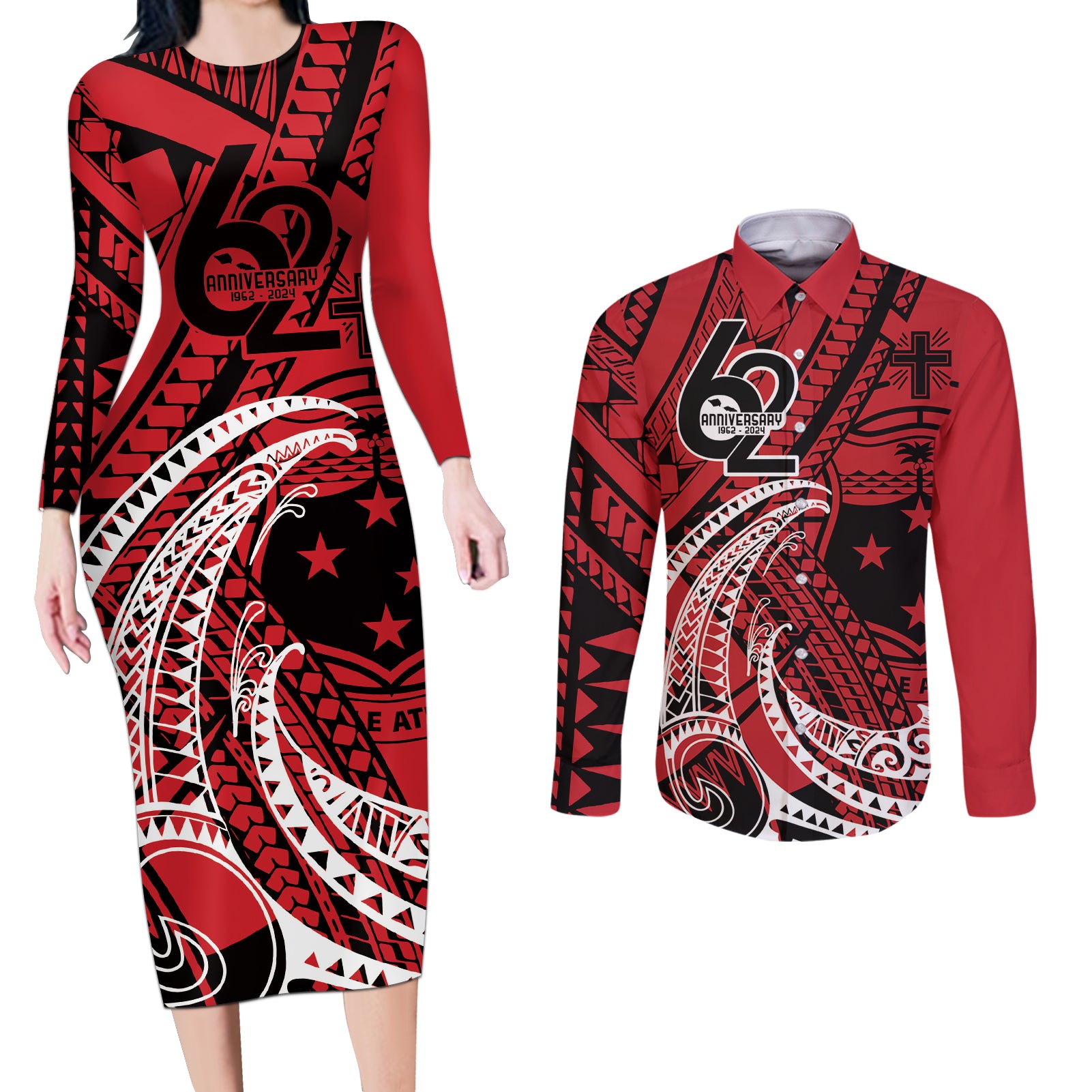 Custom Samoa Manuia le 62 Tausaga O le Tuto’atasi Couples Matching Long Sleeve Bodycon Dress and Long Sleeve Button Shirt Samoan Tatau Red Art