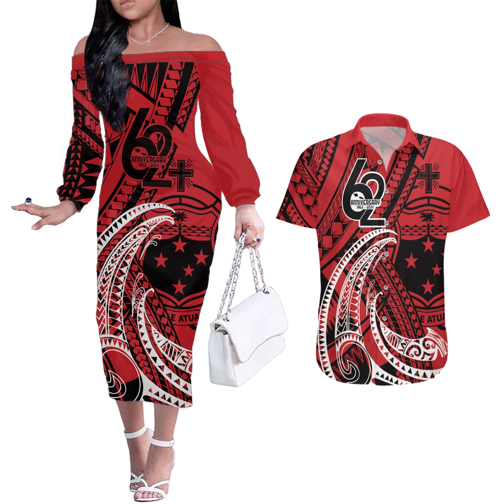 Custom Samoa Manuia le 62 Tausaga O le Tuto’atasi Couples Matching Off The Shoulder Long Sleeve Dress and Hawaiian Shirt Samoan Tatau Red Art