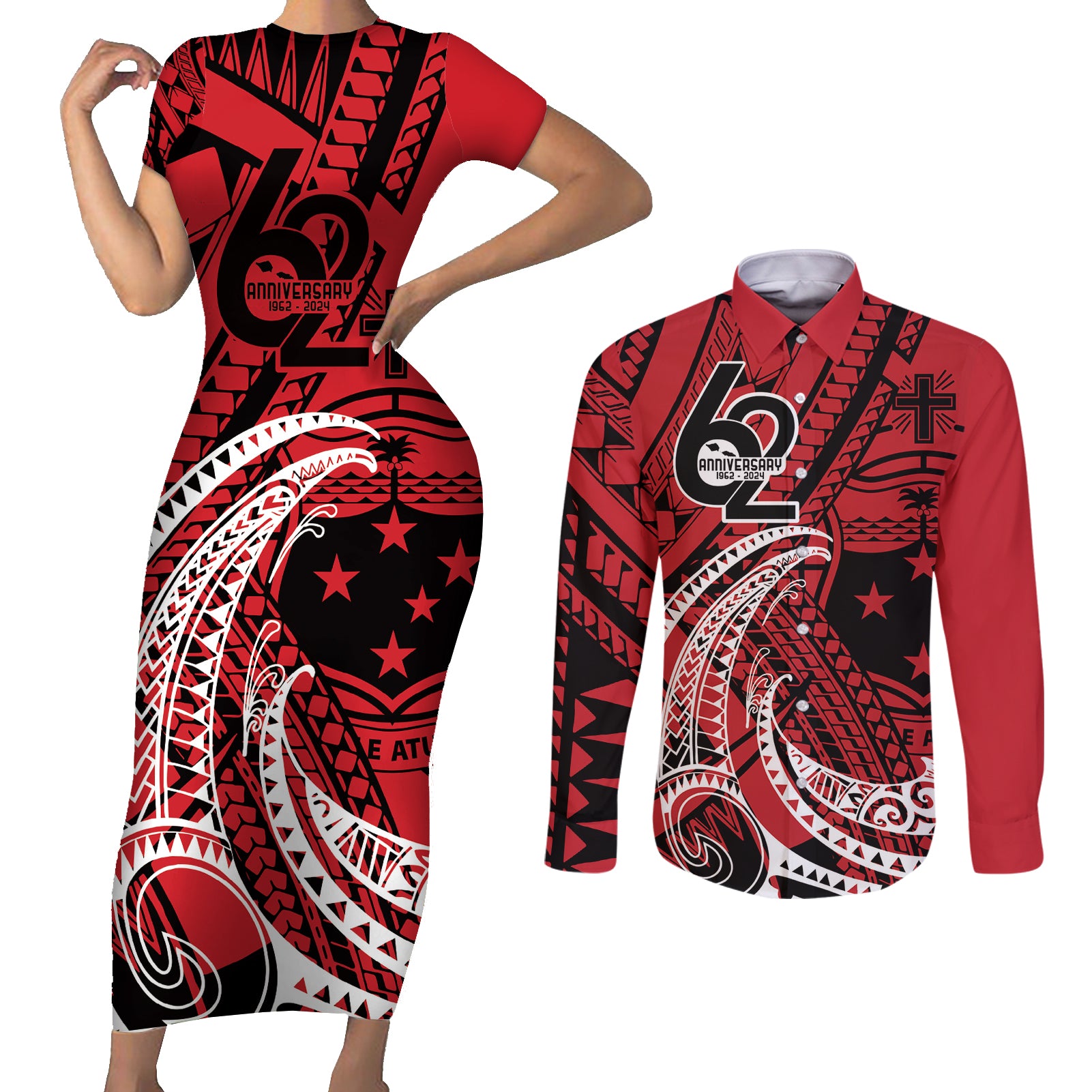 Custom Samoa Manuia le 62 Tausaga O le Tuto’atasi Couples Matching Short Sleeve Bodycon Dress and Long Sleeve Button Shirt Samoan Tatau Red Art