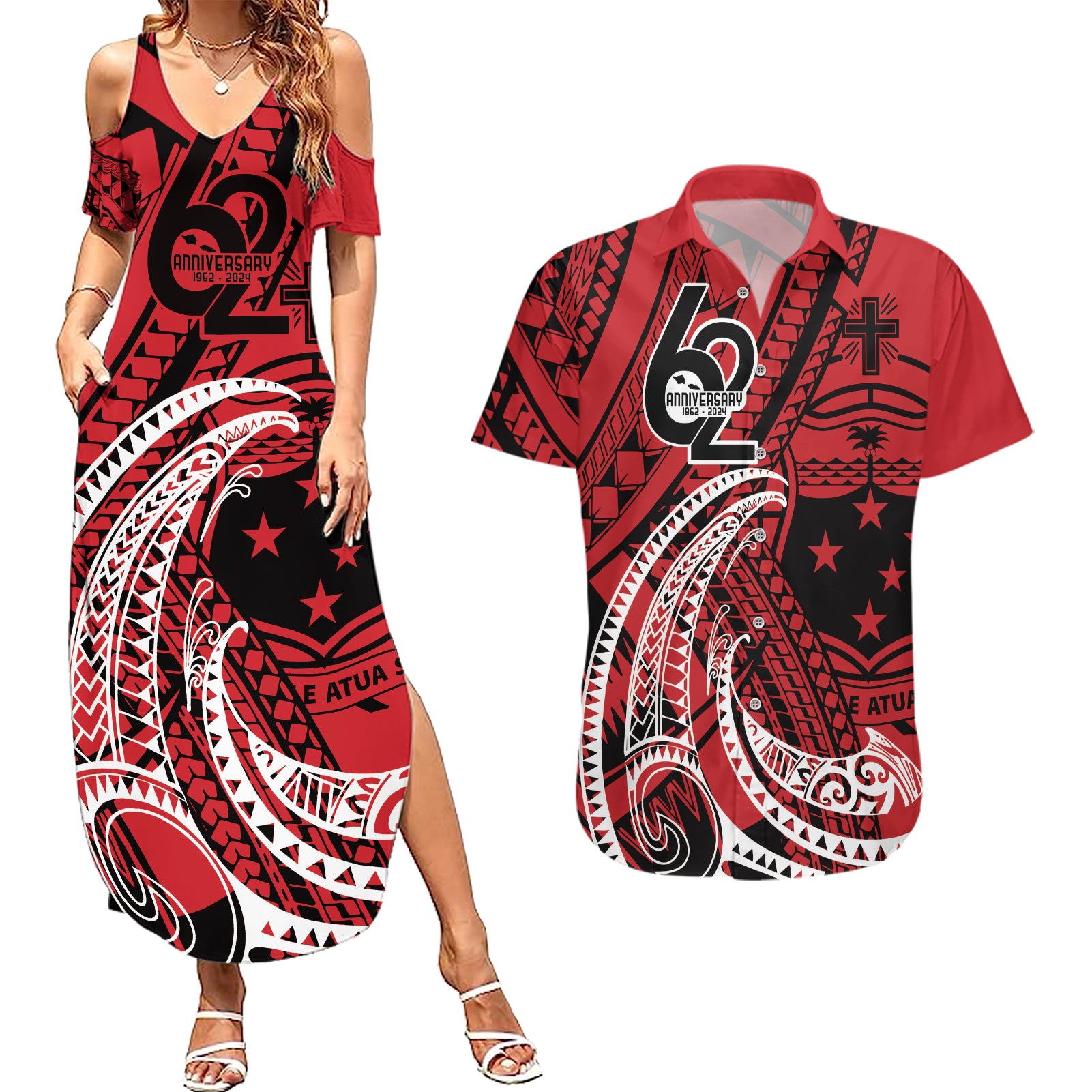 Custom Samoa Manuia le 62 Tausaga O le Tuto’atasi Couples Matching Summer Maxi Dress and Hawaiian Shirt Samoan Tatau Red Art