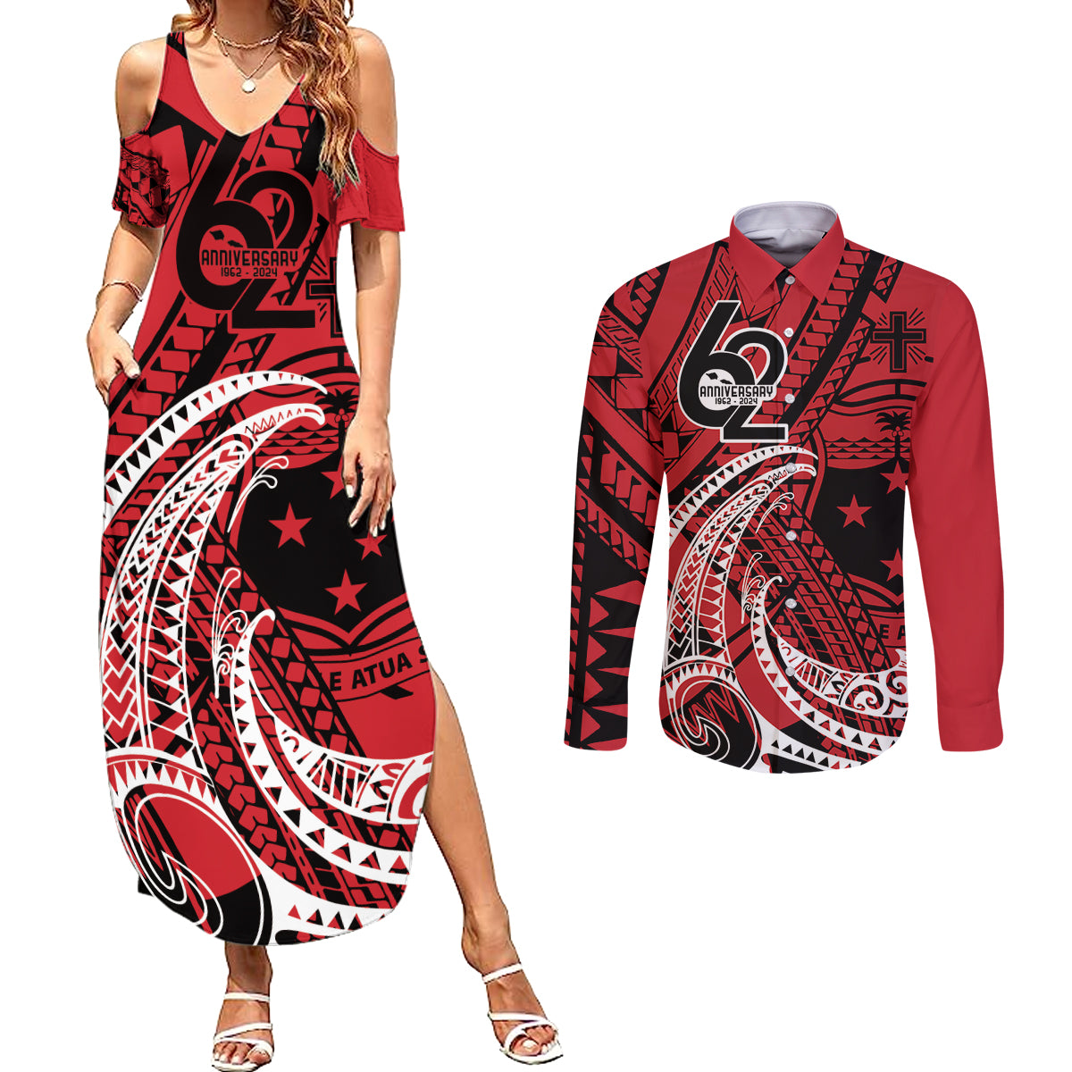 Custom Samoa Manuia le 62 Tausaga O le Tuto’atasi Couples Matching Summer Maxi Dress and Long Sleeve Button Shirt Samoan Tatau Red Art