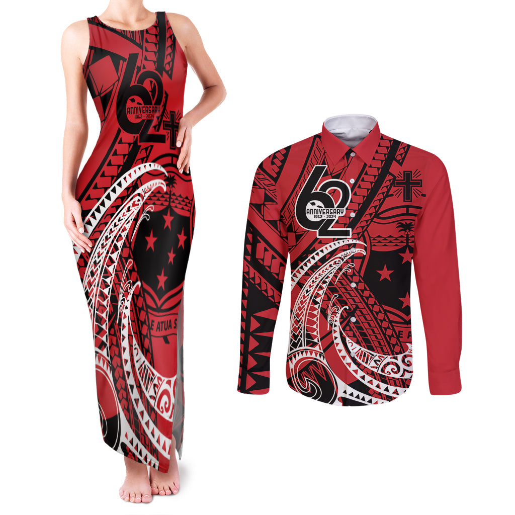 Custom Samoa Manuia le 62 Tausaga O le Tuto’atasi Couples Matching Tank Maxi Dress and Long Sleeve Button Shirt Samoan Tatau Red Art