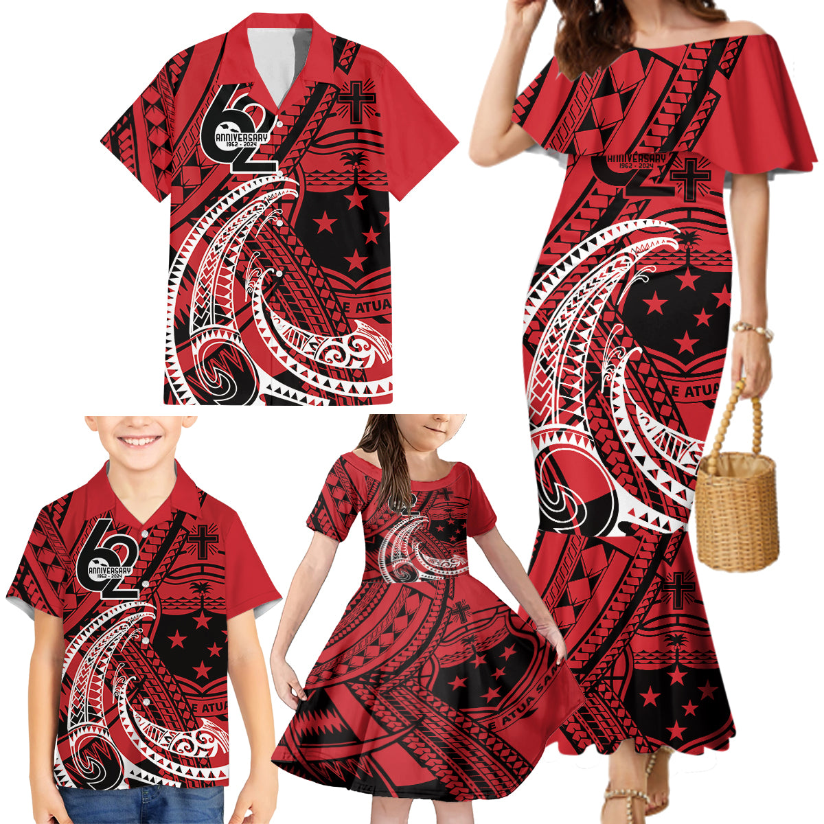 Custom Samoa Manuia le 62 Tausaga O le Tuto’atasi Family Matching Mermaid Dress and Hawaiian Shirt Samoan Tatau Red Art