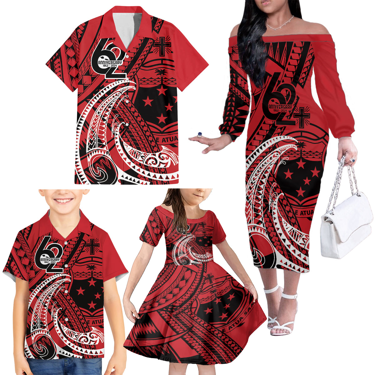 Custom Samoa Manuia le 62 Tausaga O le Tuto’atasi Family Matching Off The Shoulder Long Sleeve Dress and Hawaiian Shirt Samoan Tatau Red Art