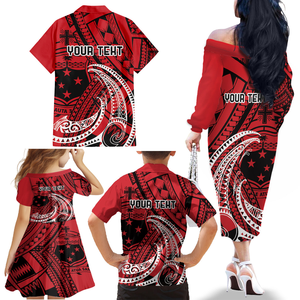 Custom Samoa Manuia le 62 Tausaga O le Tuto’atasi Family Matching Off The Shoulder Long Sleeve Dress and Hawaiian Shirt Samoan Tatau Red Art