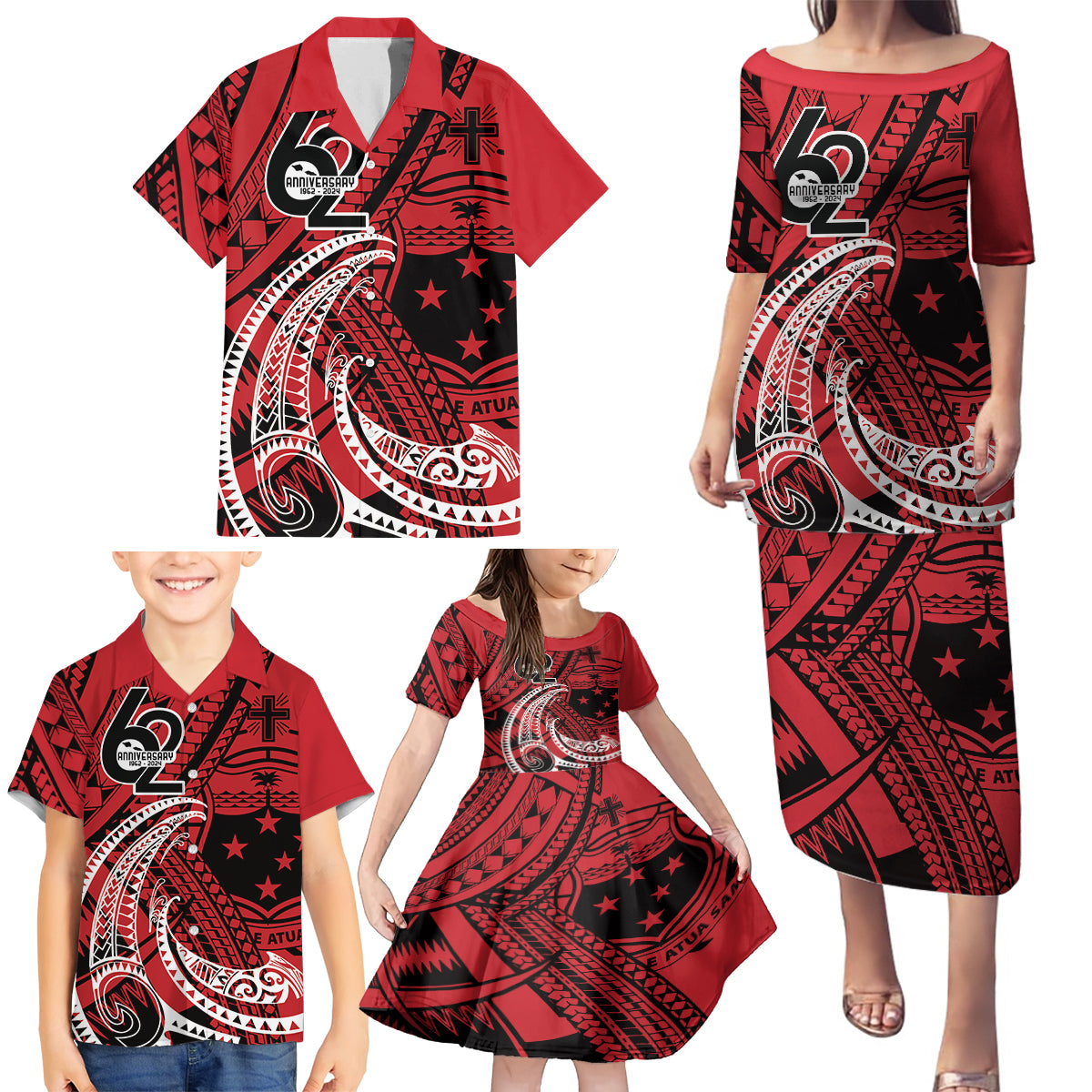 Custom Samoa Manuia le 62 Tausaga O le Tuto’atasi Family Matching Puletasi and Hawaiian Shirt Samoan Tatau Red Art