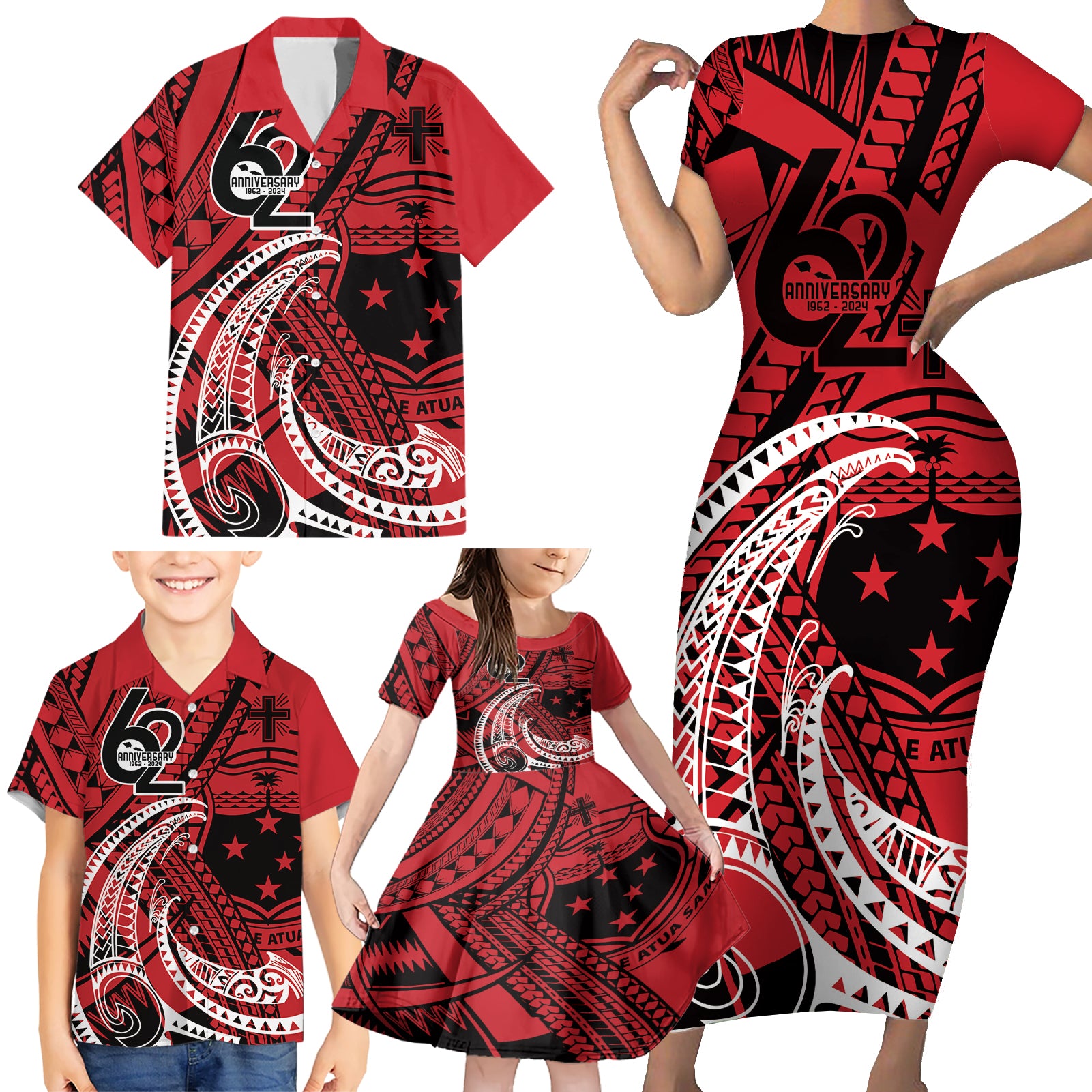 Custom Samoa Manuia le 62 Tausaga O le Tuto’atasi Family Matching Short Sleeve Bodycon Dress and Hawaiian Shirt Samoan Tatau Red Art