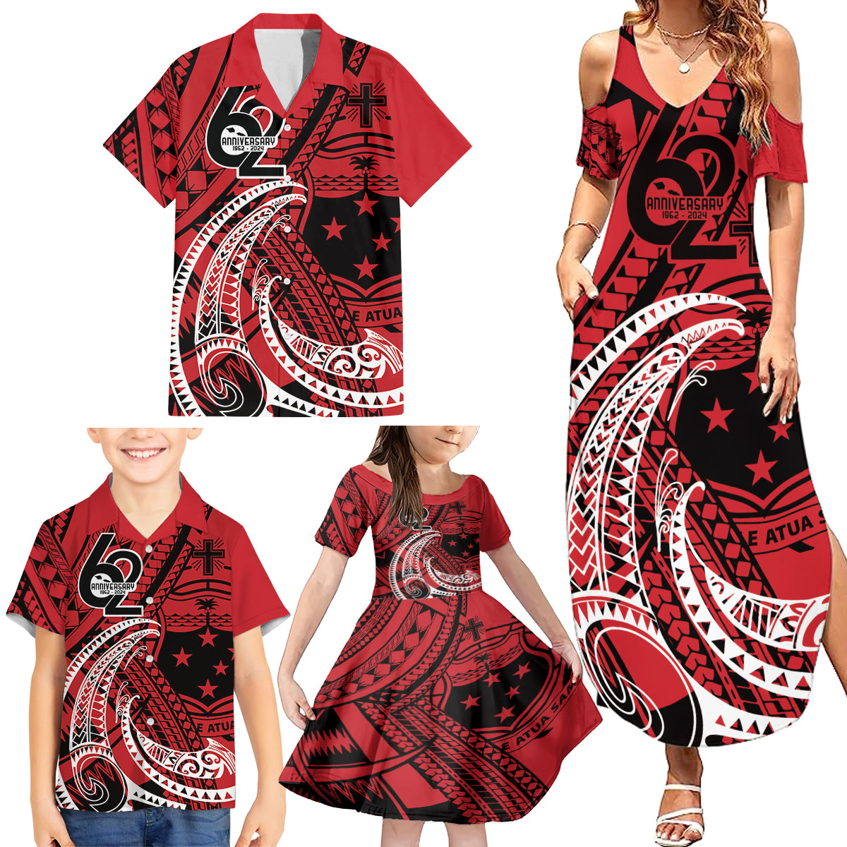 Custom Samoa Manuia le 62 Tausaga O le Tuto’atasi Family Matching Summer Maxi Dress and Hawaiian Shirt Samoan Tatau Red Art