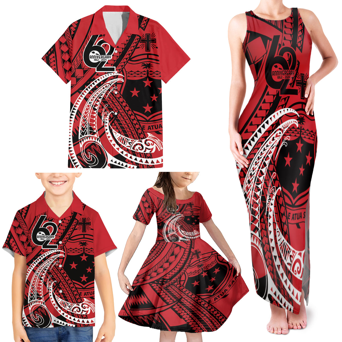 Custom Samoa Manuia le 62 Tausaga O le Tuto’atasi Family Matching Tank Maxi Dress and Hawaiian Shirt Samoan Tatau Red Art