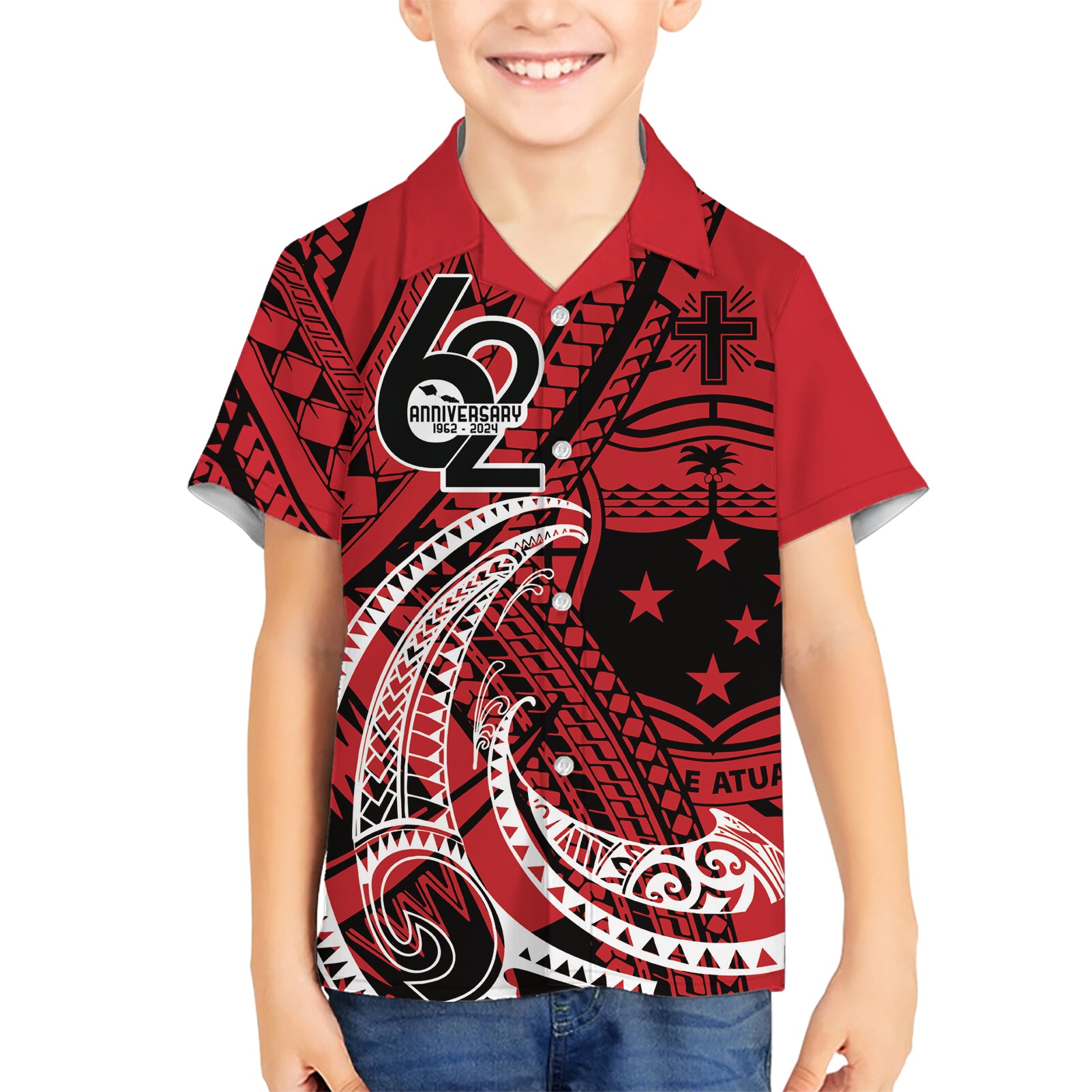 Custom Samoa Manuia le 62 Tausaga O le Tuto’atasi Kid Hawaiian Shirt Samoan Tatau Red Art