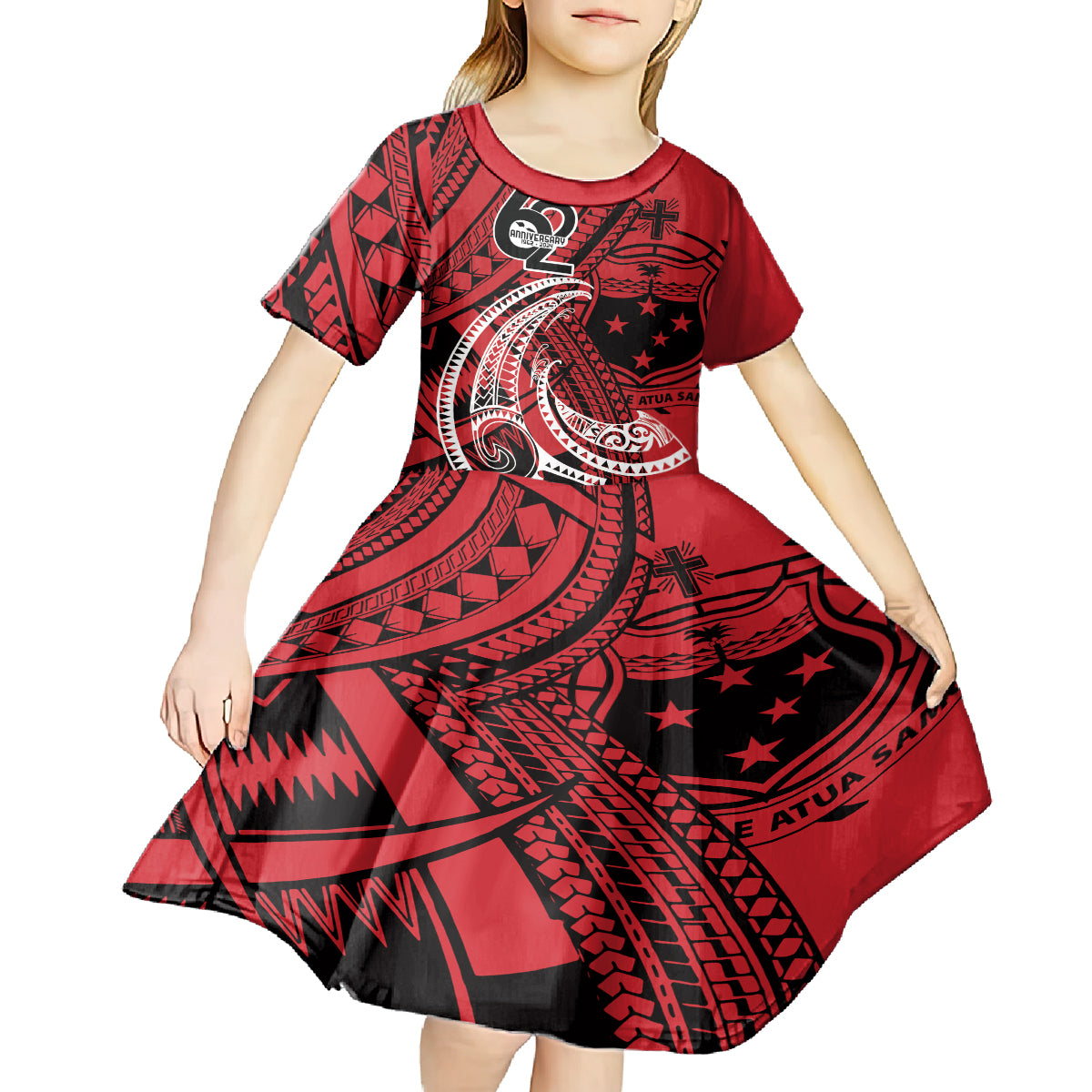 Custom Samoa Manuia le 62 Tausaga O le Tuto’atasi Kid Short Sleeve Dress Samoan Tatau Red Art