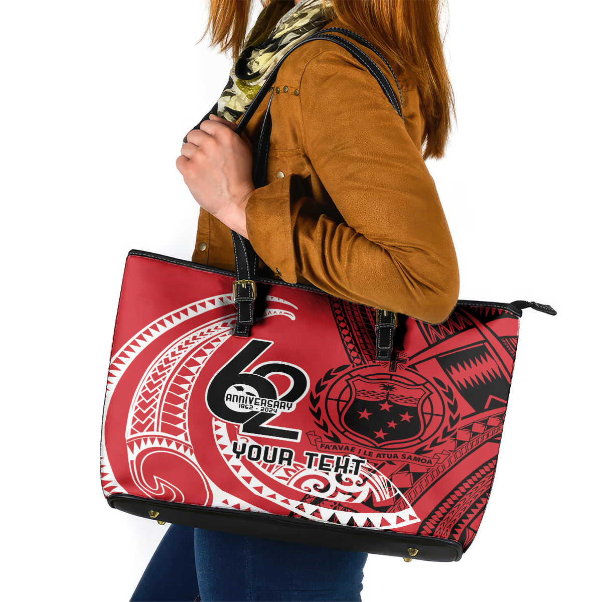 Custom Samoa Manuia le 62 Tausaga O le Tuto’atasi Leather Tote Bag Samoan Tatau Red Art