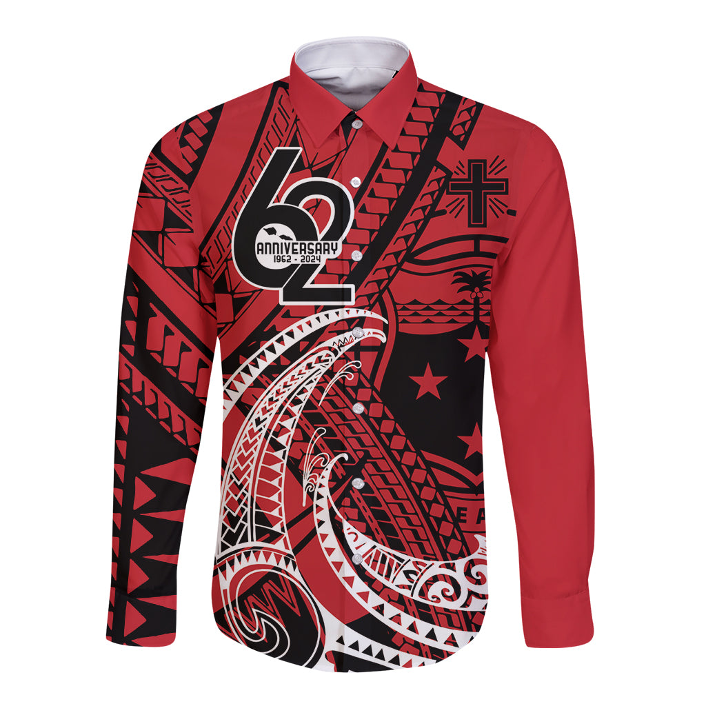 Custom Samoa Manuia le 62 Tausaga O le Tuto’atasi Long Sleeve Button Shirt Samoan Tatau Red Art