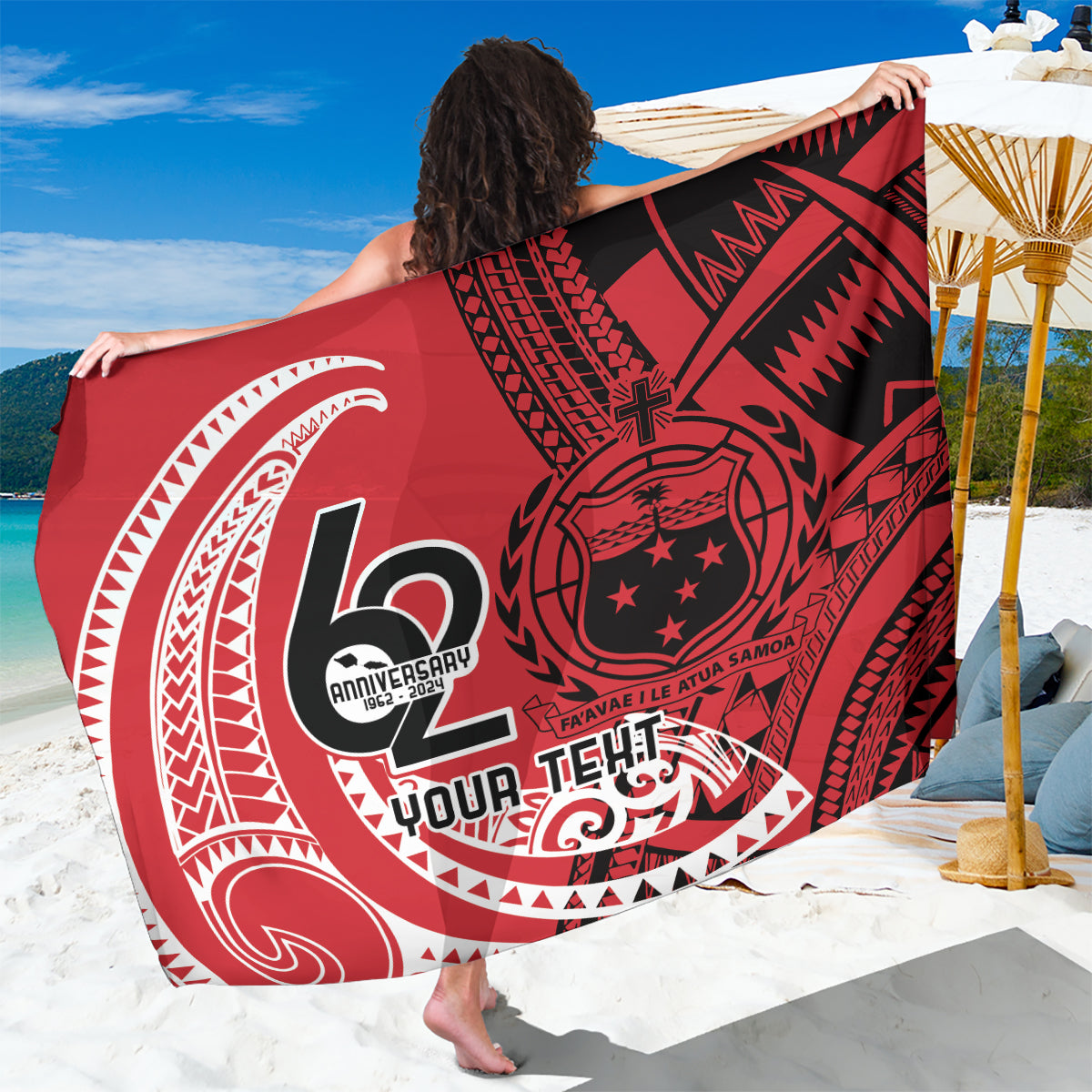 Custom Samoa Manuia le 62 Tausaga O le Tuto’atasi Sarong Samoan Tatau Red Art